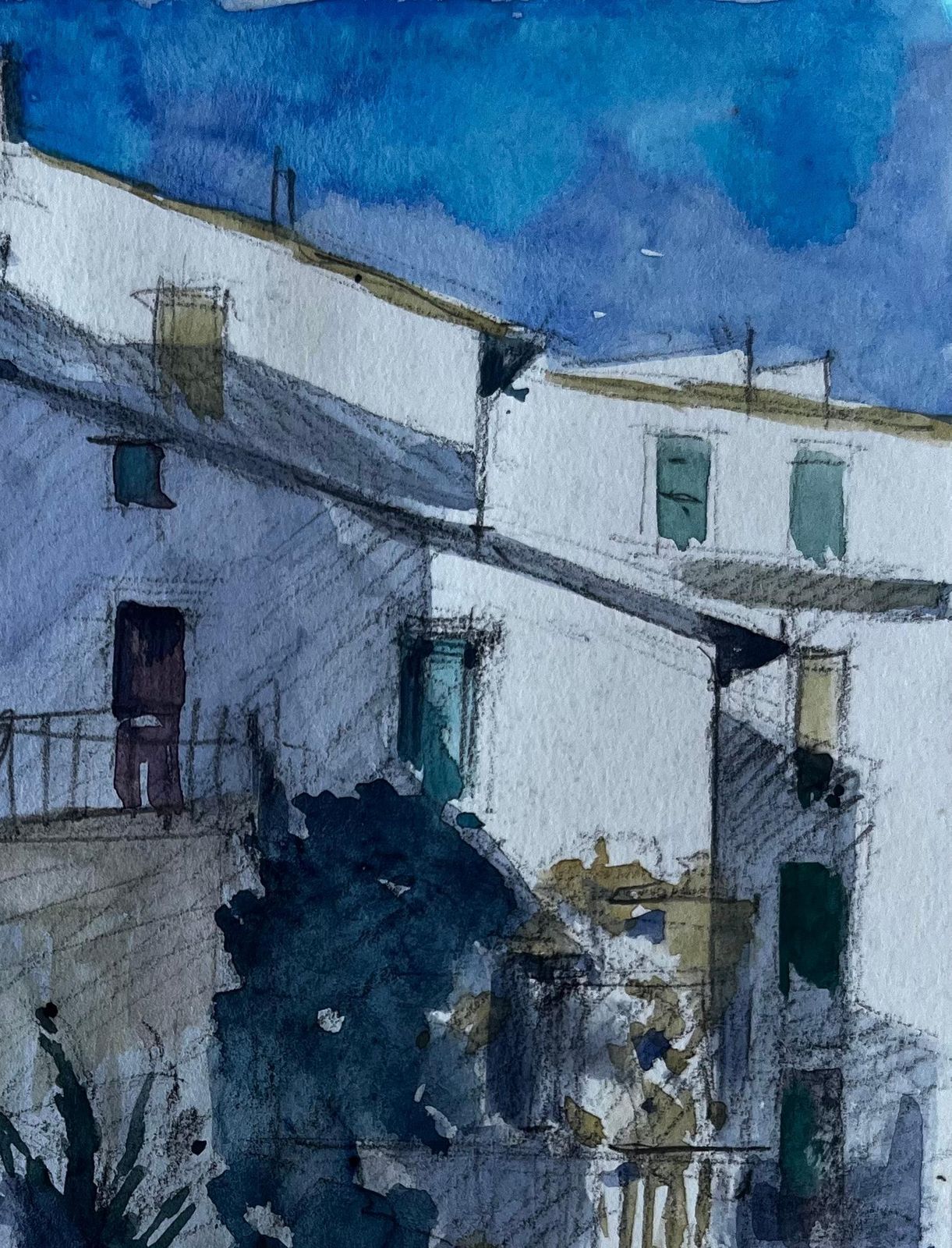 Pierre Neveusunlit Steps In Menton French Riviera Street Scene Watercolour By Pierre Neveu photo Art