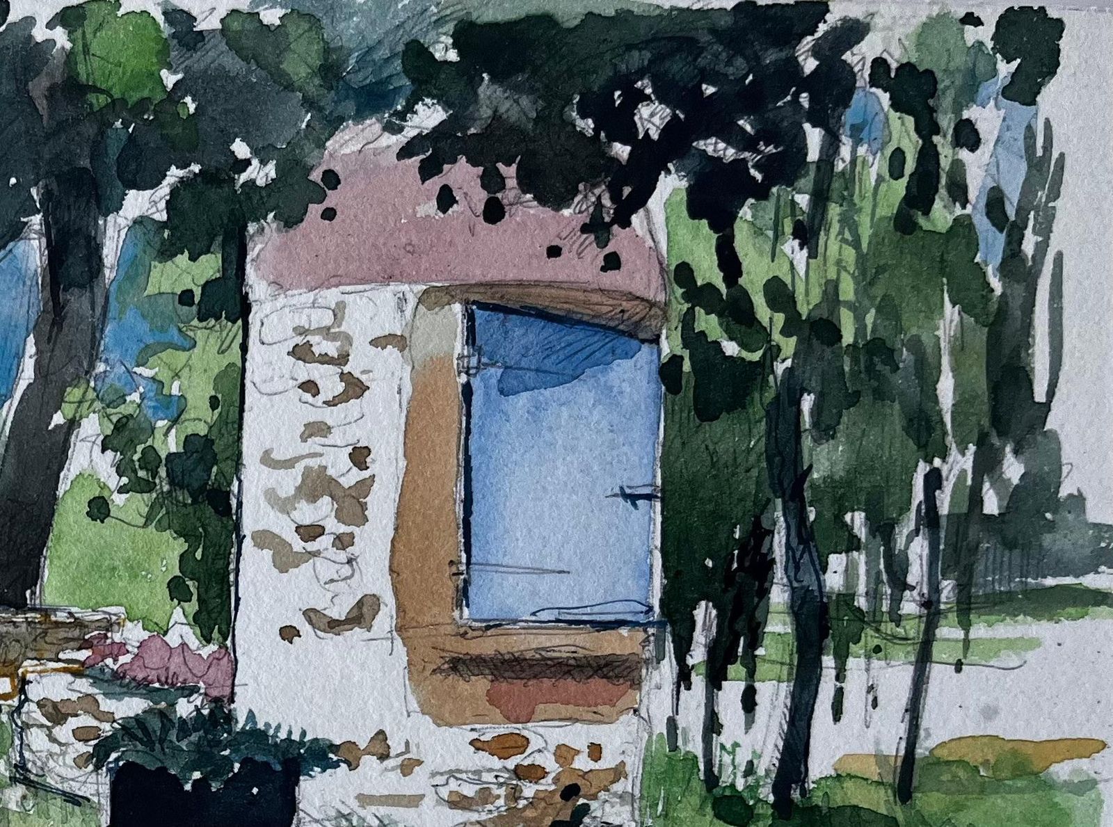 Pierre Neveufrench Garden And Stone House Watercolour By Pierre Neveu photo for sale