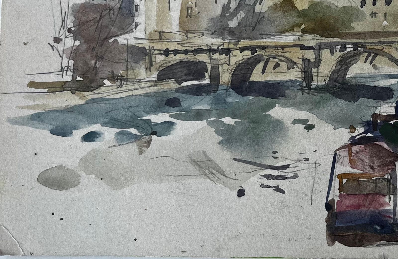 Pierre Neveubridge And Riverside Architecture Scene French Watercolour By Pierre Neveu photo vinterior