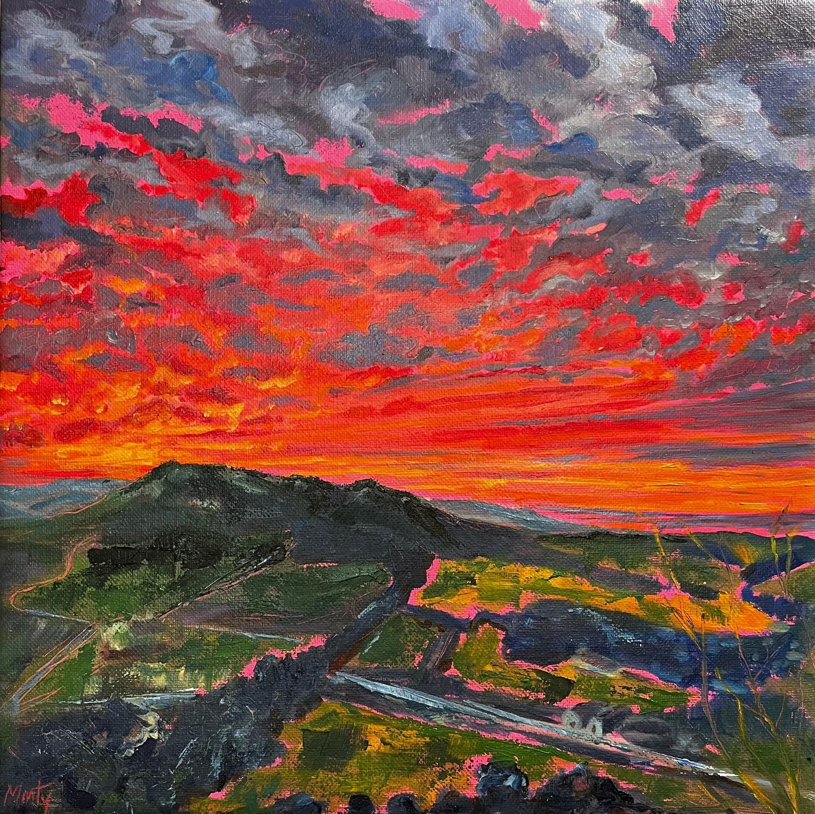 Minty Ramseysunset Over Box Hill Original Oil On Canvas Dramatic Surrey Landscape Painting2024
