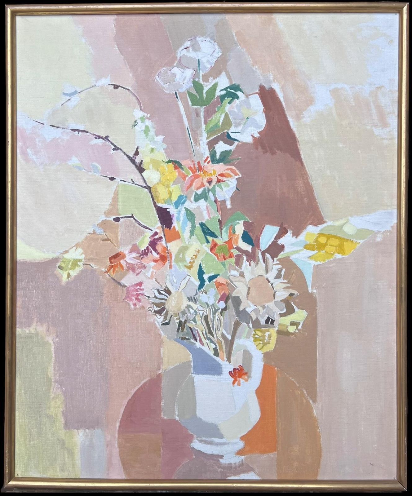 Laure Noetzin Azam (French 1929 2024)fine 20th Century French Post Cubist Oil Painting Still Life Of Flowers Interior
