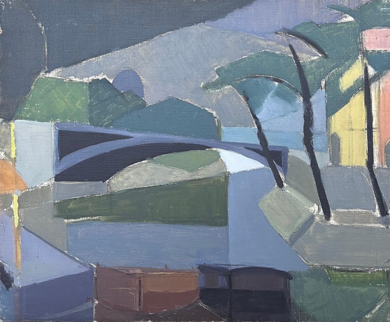 Laure Noetzin Azam (French 1929 2024)fine 20th Century French Post Cubist Oil Painting City River Landscape & Bridge photo furniture