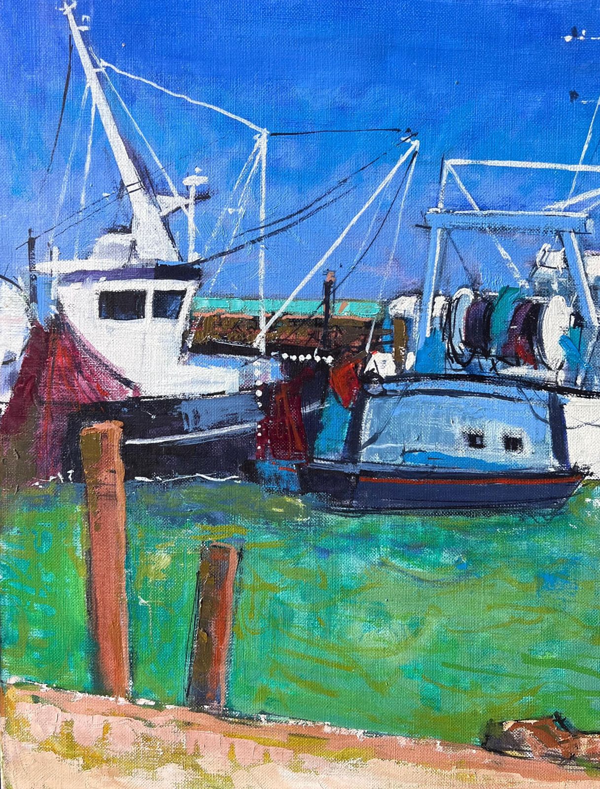 Pierre Neveufishing Boats In Harbour In Bright Green Sea Coast French Oil Painting photo Art