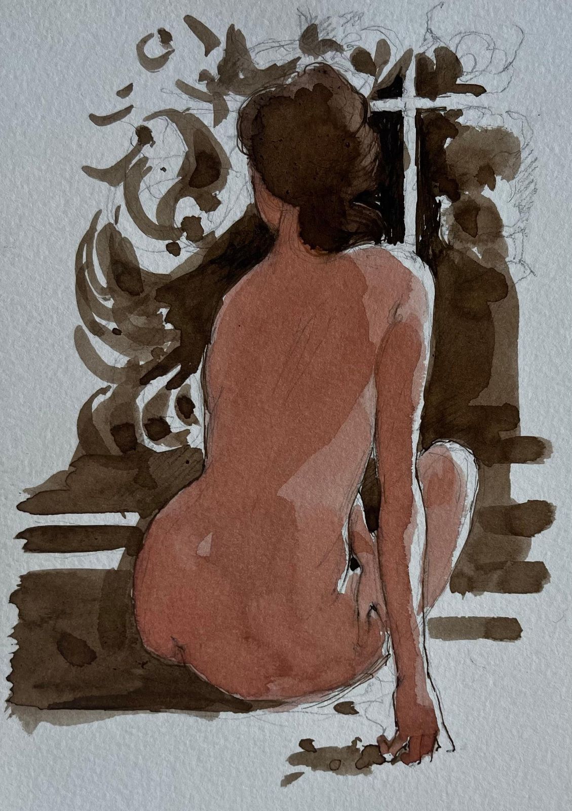 Pierre Neveuseated Female Nude By Window French Modernist Watercolour Figure Study
