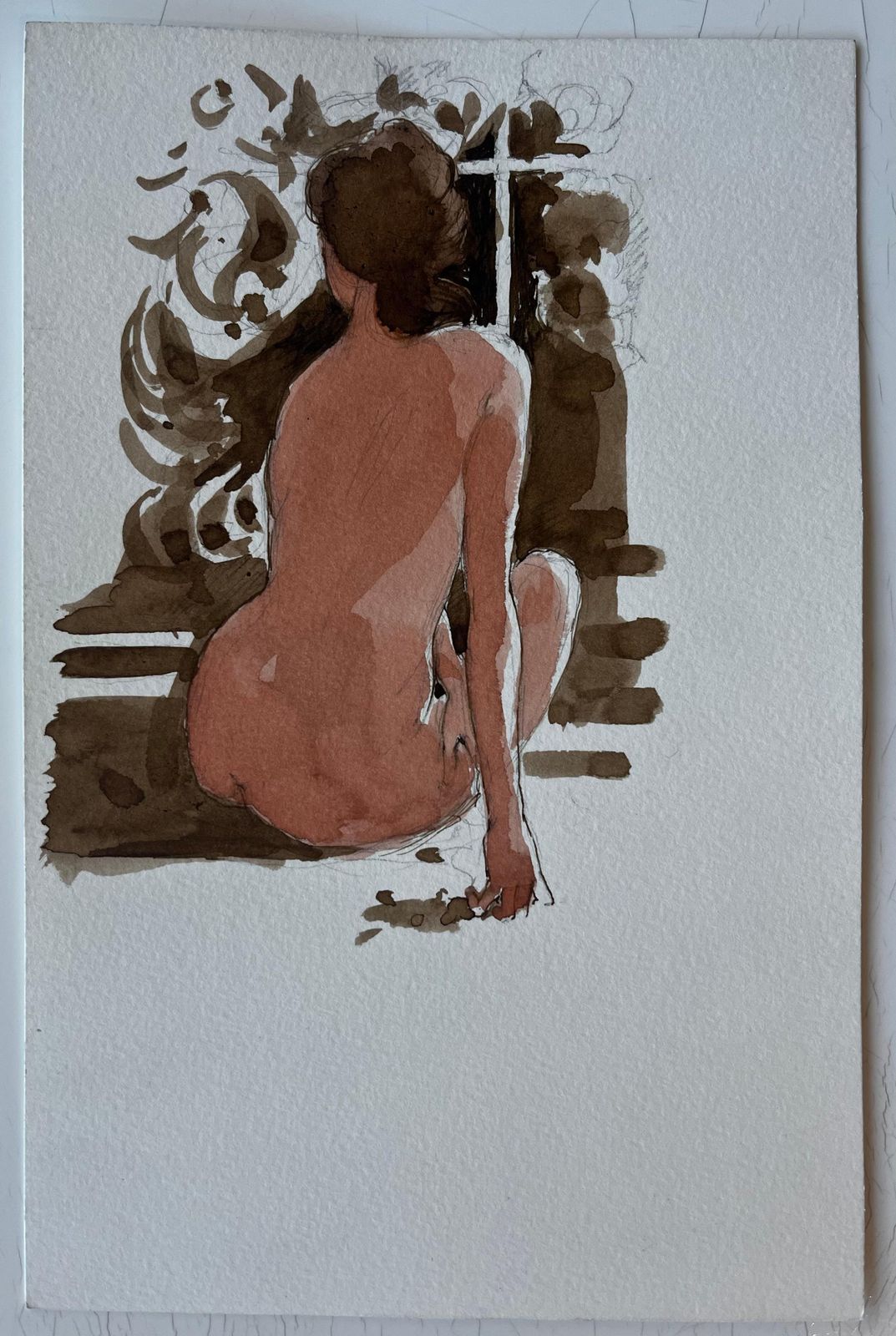 Pierre Neveuseated Female Nude By Window French Modernist Watercolour Figure Study photo furniture