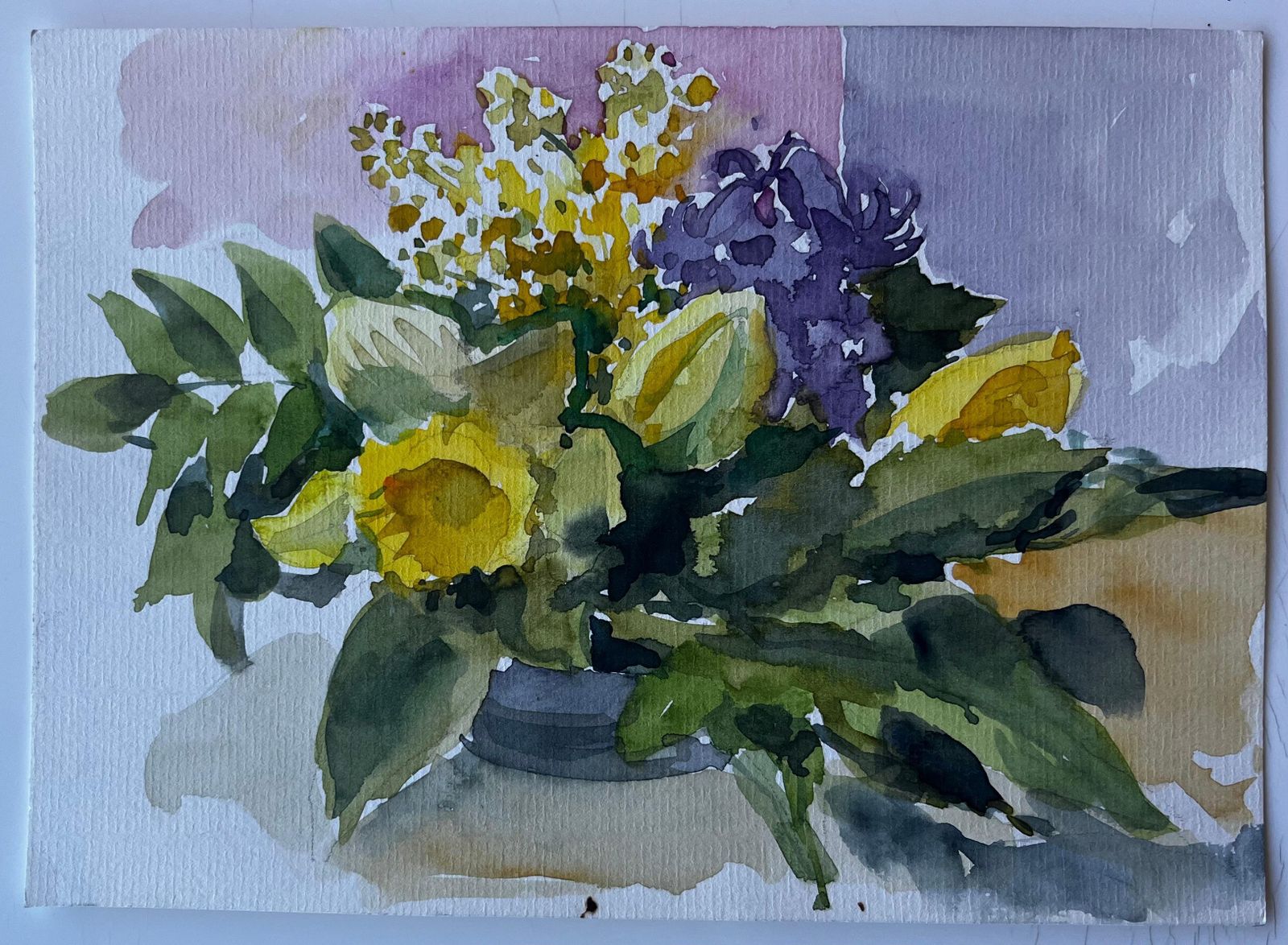 Pierre Neveusunflower And Mimosa Still Life Mid Century Watercolour By Pierre Neveu photo for sale