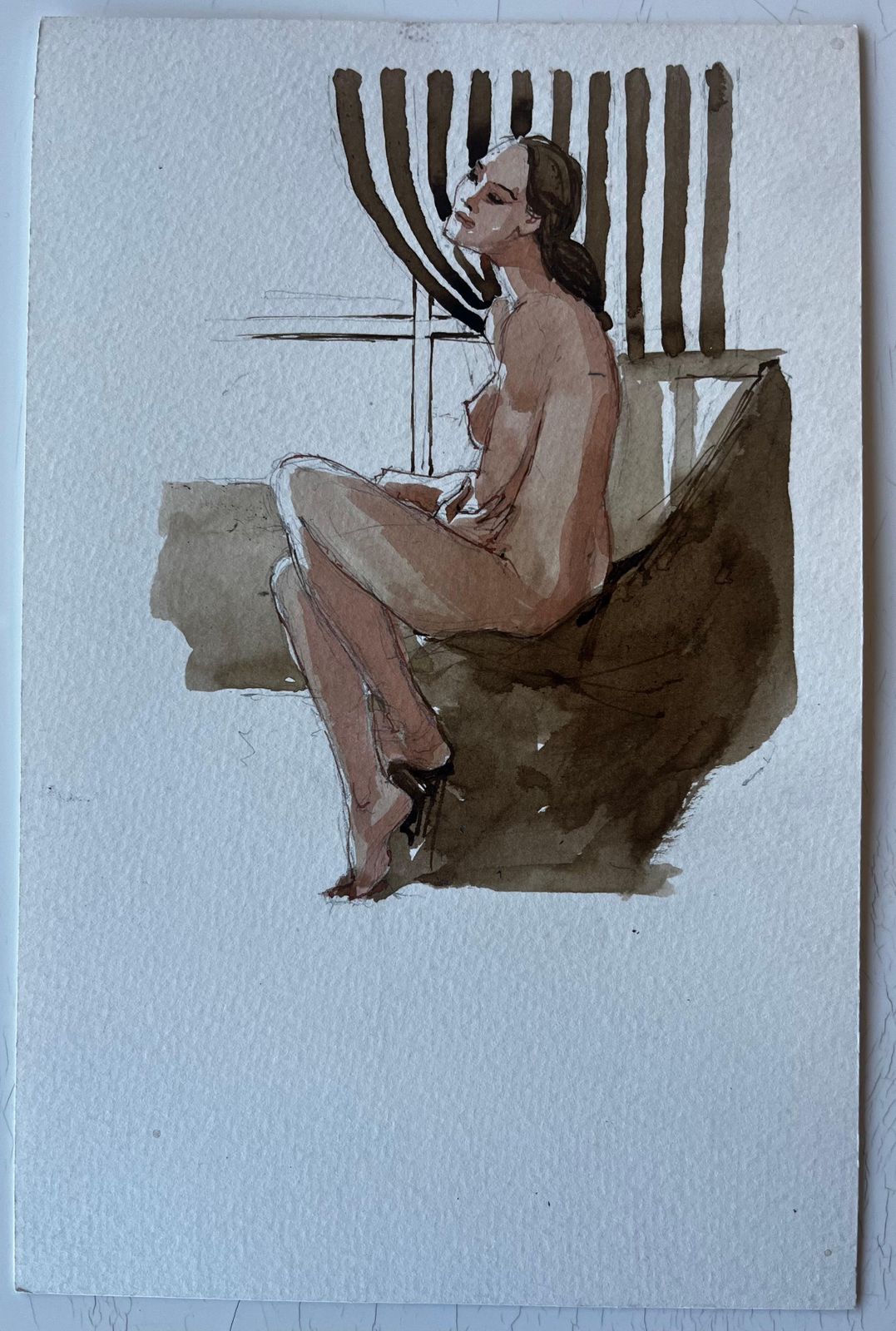 Pierre Neveuseated Female Nude With Striped Curtain French Modernist Watercolour Figure photo furniture