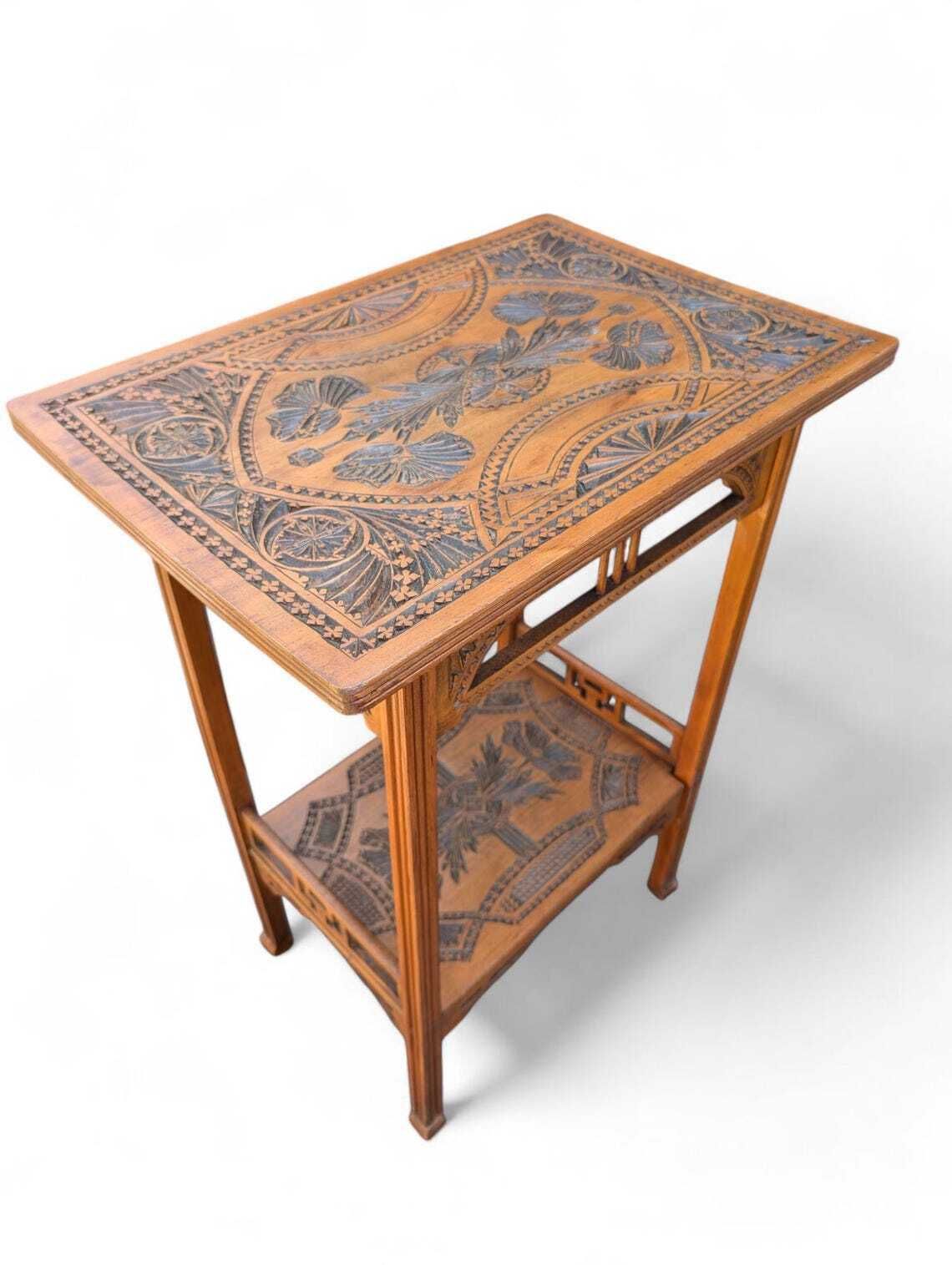 Art Nouveau Side Table  Frisian Chip Carving  Dated 1912  Signed Dutch Folk Art photo furniture