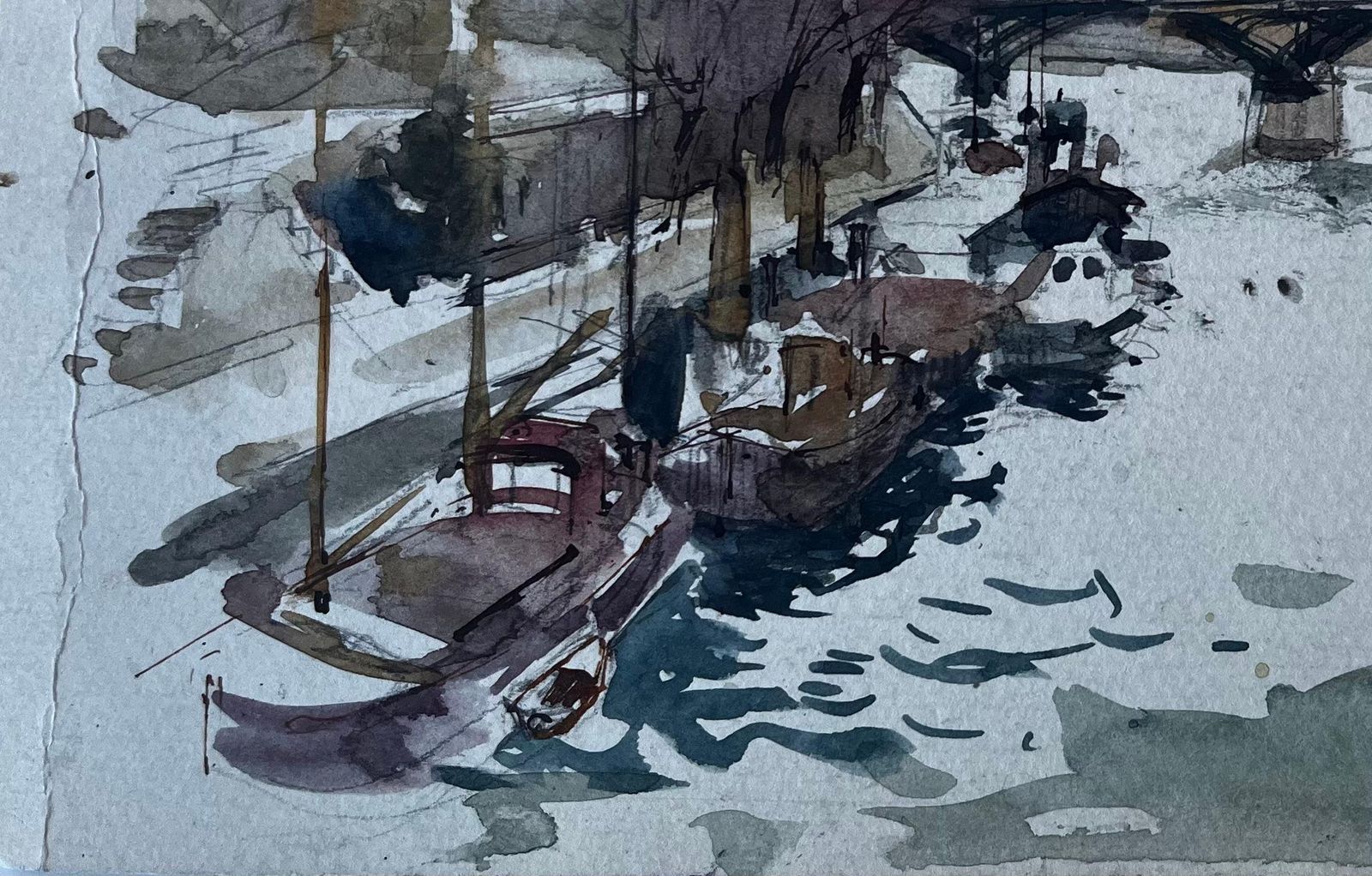 Pierre Neveuparis River Scene With Bridge And Boats French Modernist Watercolour photo Art