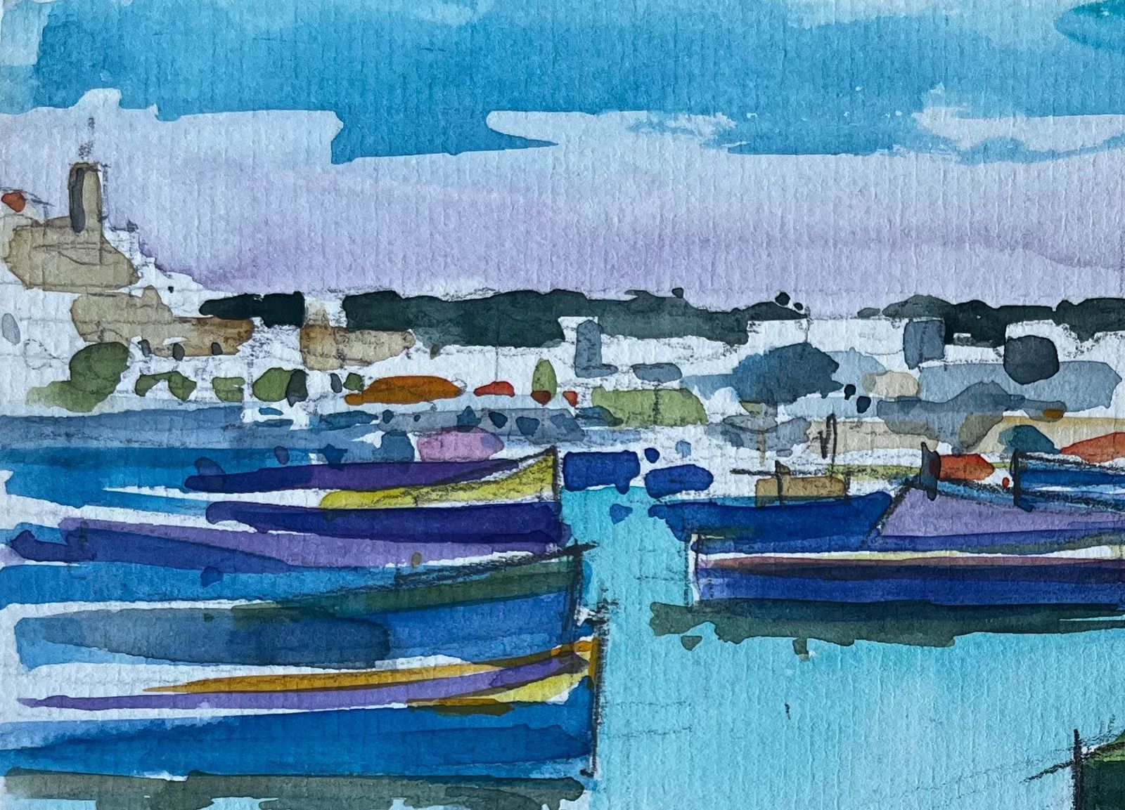 Pierre Neveumediterranean Harbour With Boats French Modernist Watercolour By Pierre Neveu photo for sale