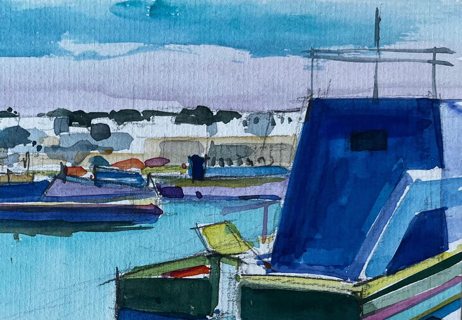 Pierre Neveumediterranean Harbour With Boats French Modernist Watercolour By Pierre Neveu photo buy