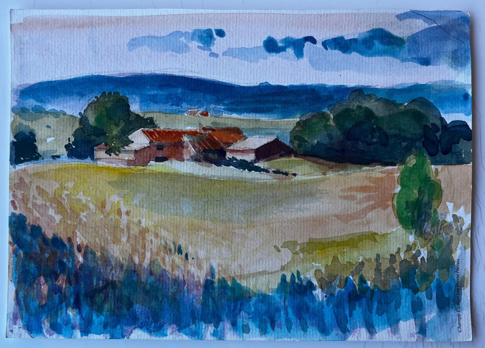 Pierre Neveufrench Rural Landscape With Farmhouses Mid Century Watercolour By Pierre Neveu photo for sale