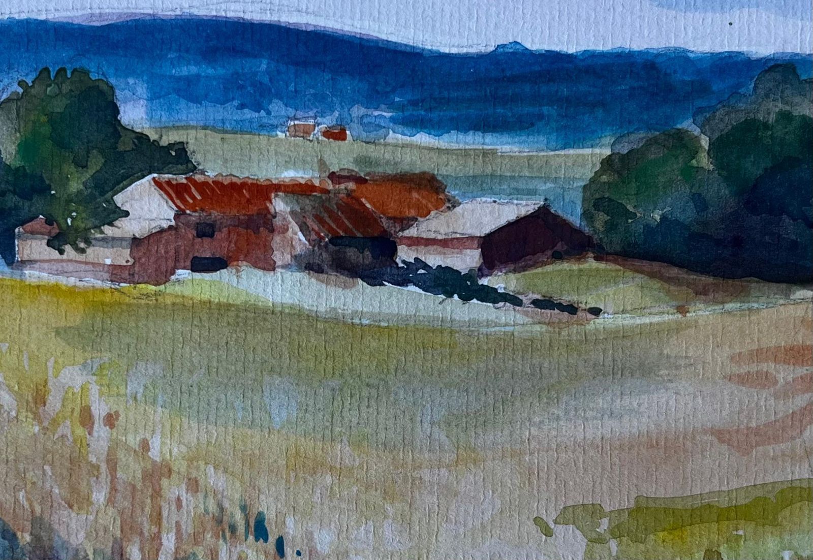 Pierre Neveufrench Rural Landscape With Farmhouses Mid Century Watercolour By Pierre Neveu photo buy