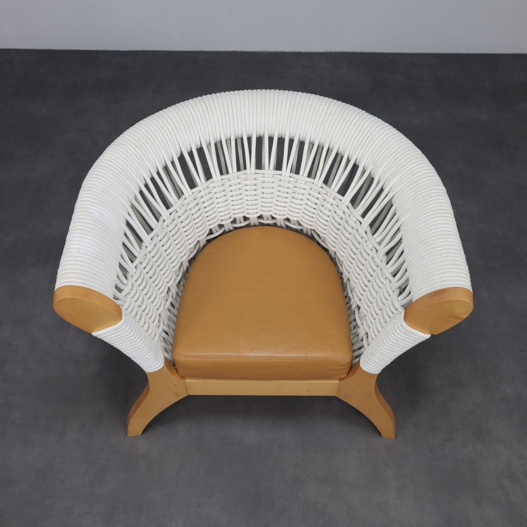 Handcrafted Italian Lounge Chair By Driade In Wood, Rope & Leather, Italy, 1990s photo buy