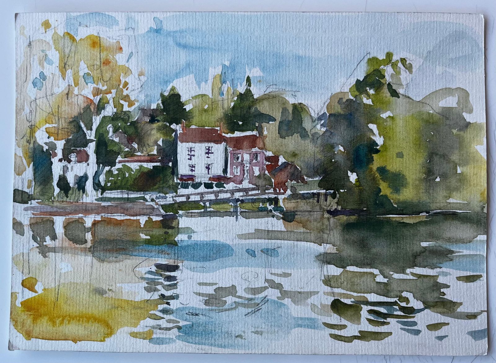 Pierre Neveuriverside Houses Reflected In Water French Impressionist Landscape Watercolour photo furniture