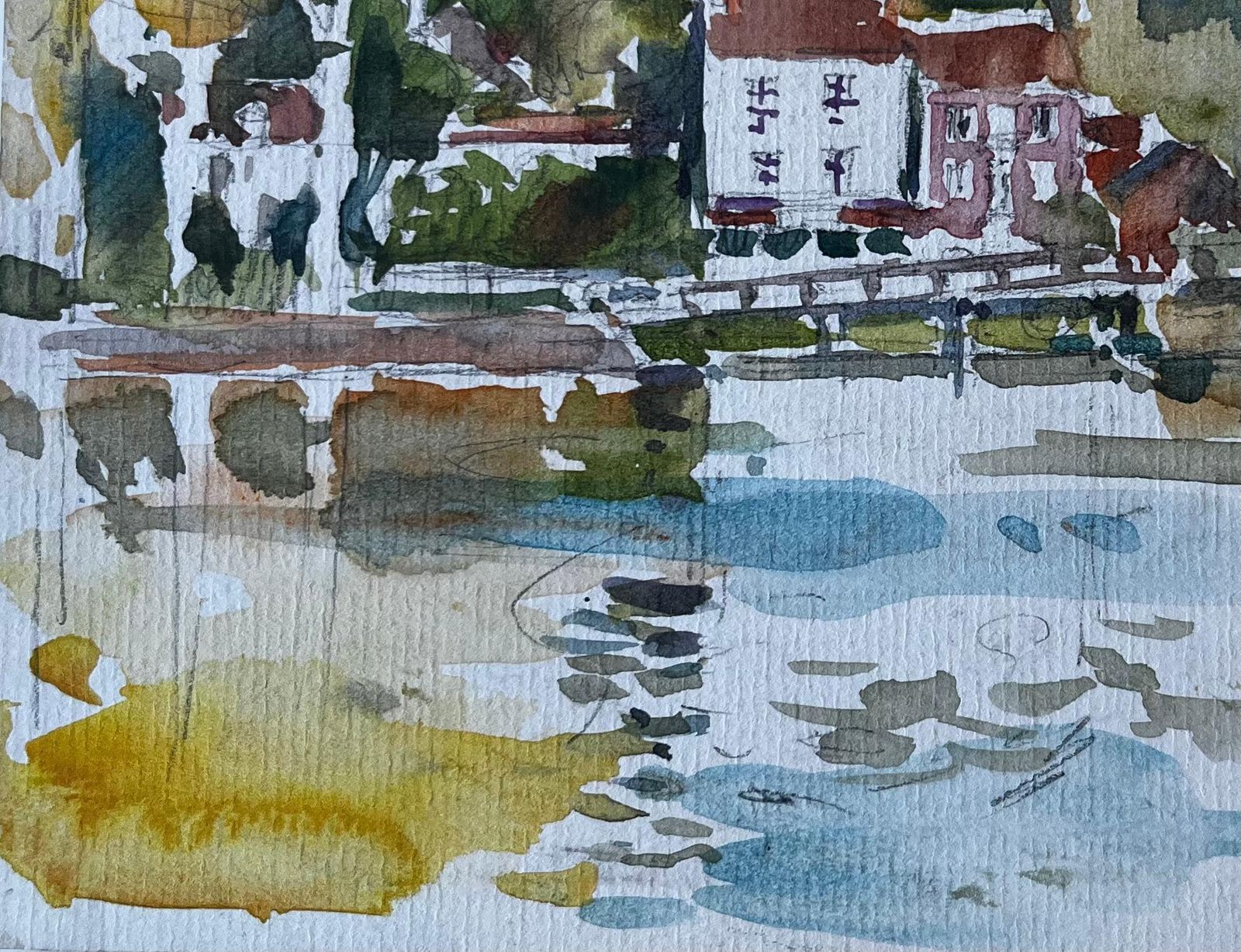 Pierre Neveuriverside Houses Reflected In Water French Impressionist Landscape Watercolour photo Art
