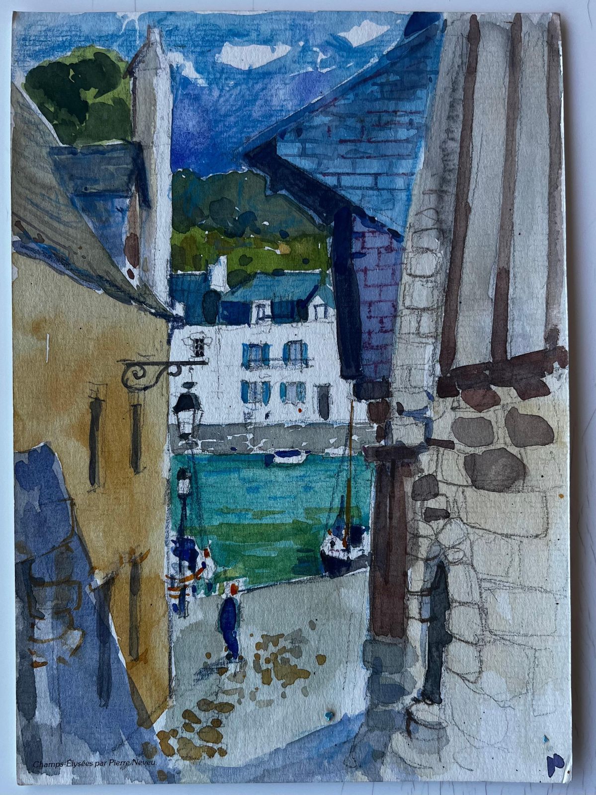 Pierre Neveuharbour Street Scene Brittany Coastal Village French Modernist Watercolour photo furniture