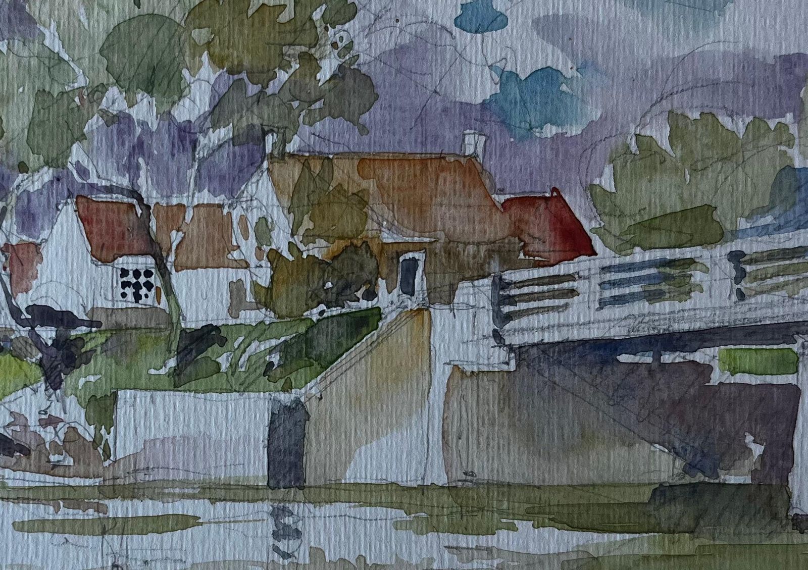 Pierre Neveubridge And Riverside Cottages France Mid Century Watercolour By Pierre Neveu photo buy