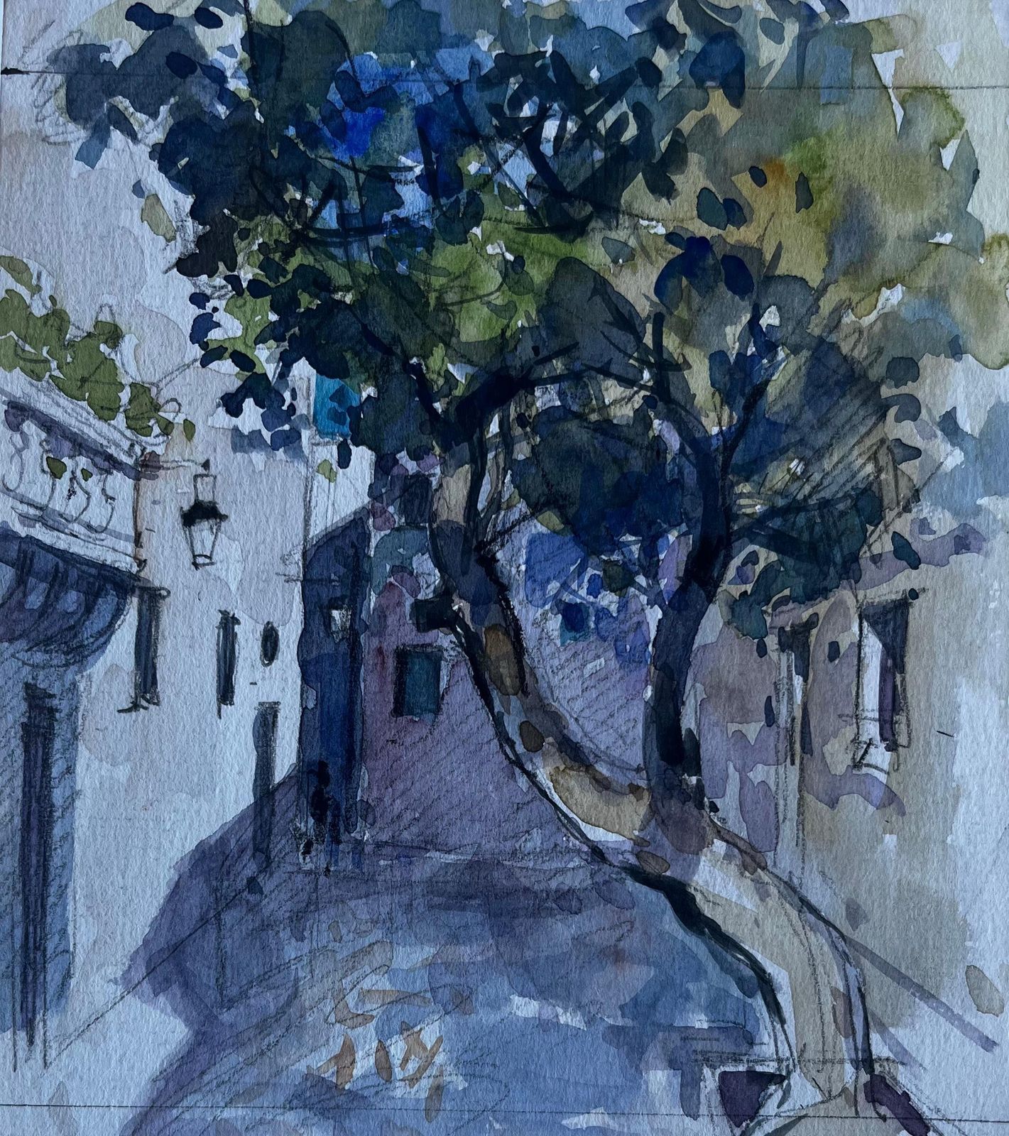 Pierre Neveufrench Village Street With Tree Shadows Mid Century Watercolour By Pierre Neveu