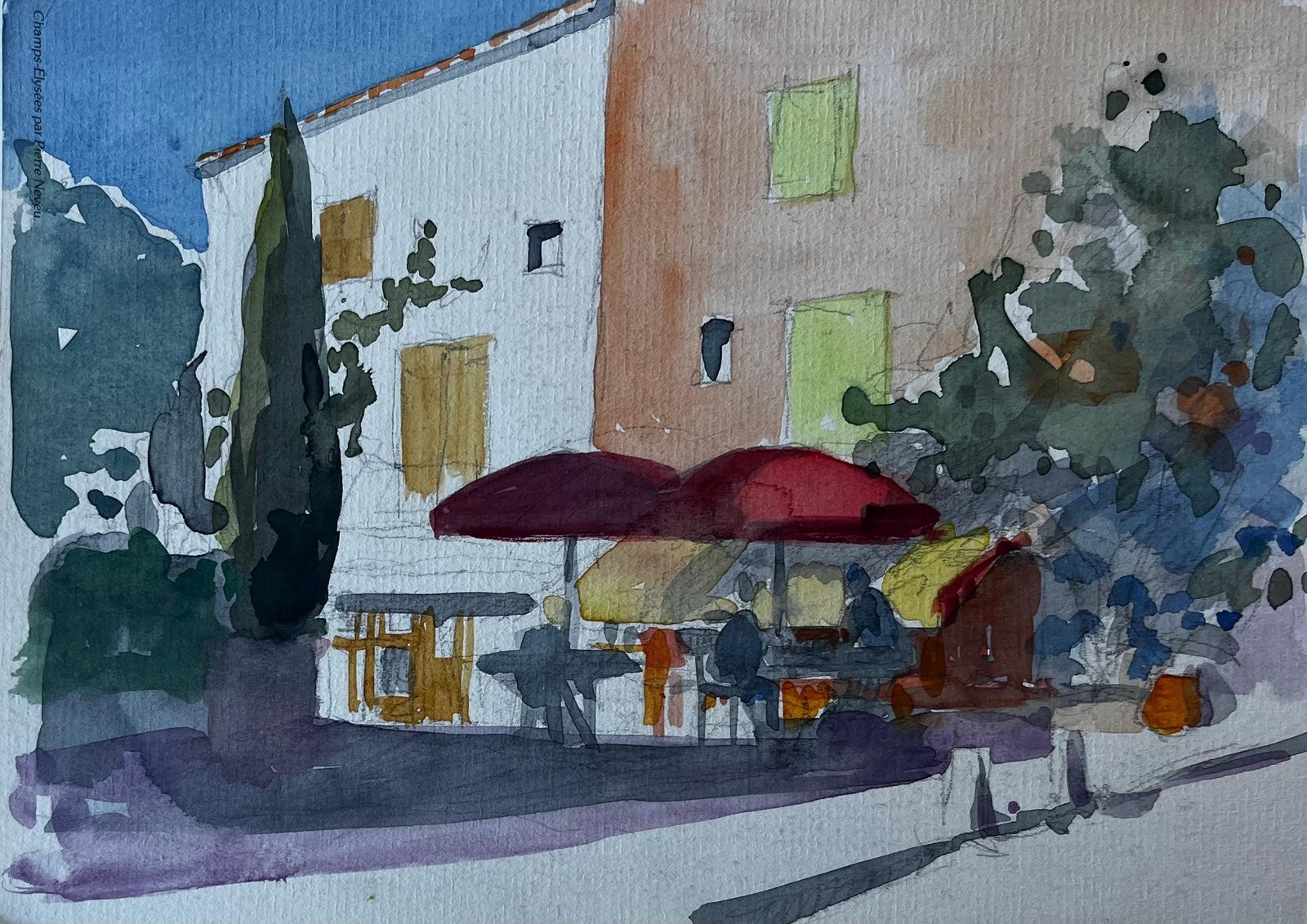 Pierre Neveuprovençal Café Scene With Red Umbrellas French Modernist Watercolour