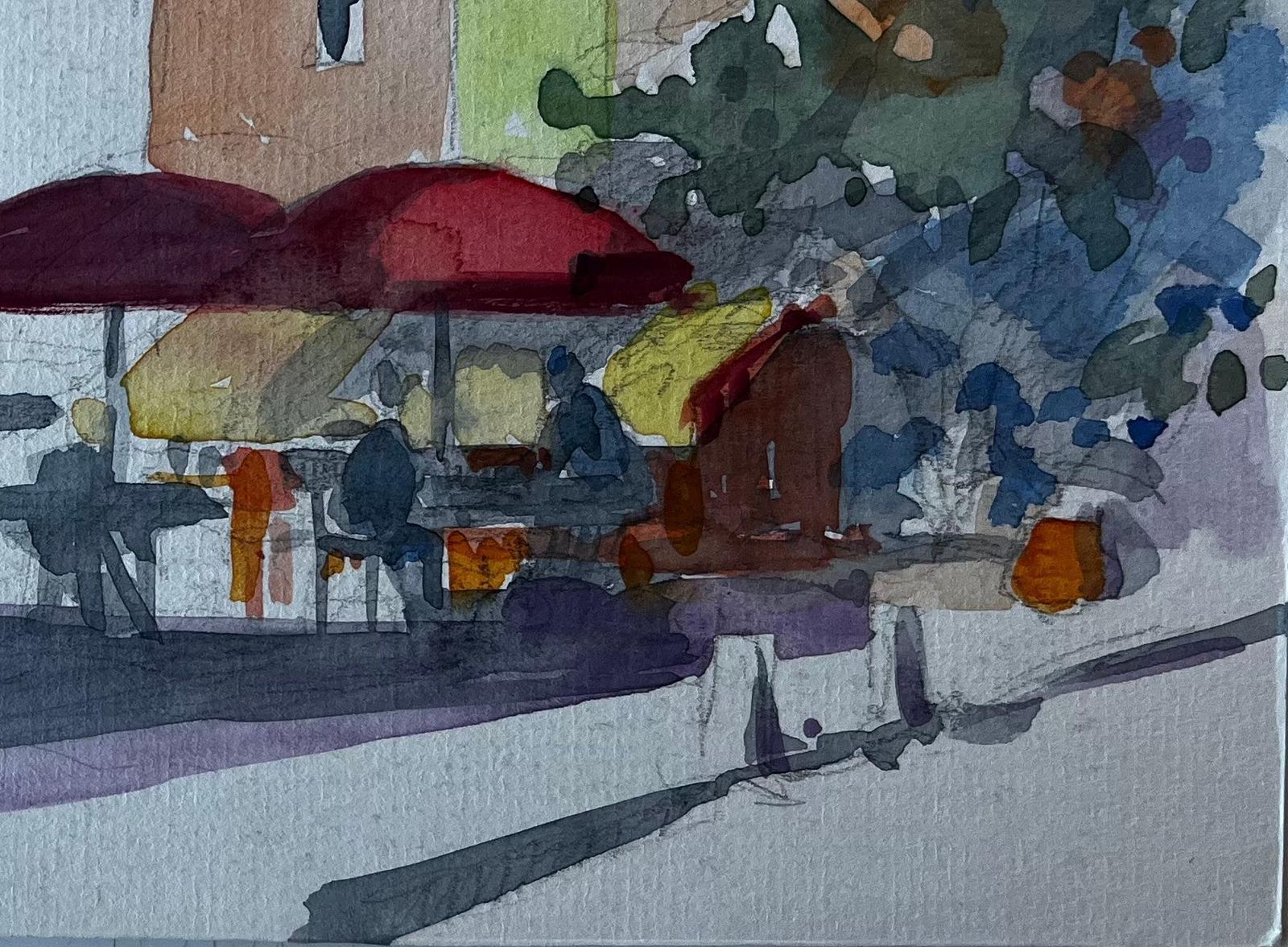 Pierre Neveuprovençal Café Scene With Red Umbrellas French Modernist Watercolour photo 586.0