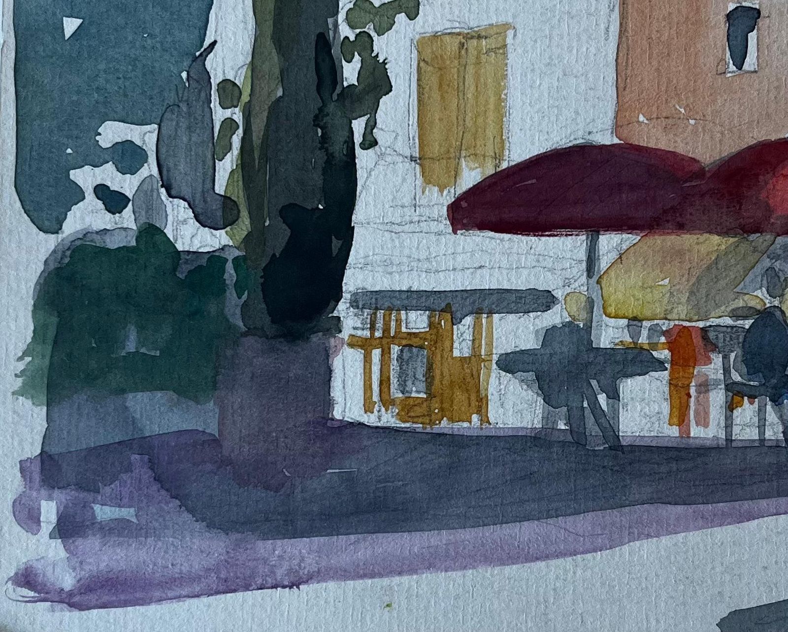 Pierre Neveuprovençal Café Scene With Red Umbrellas French Modernist Watercolour photo vinterior