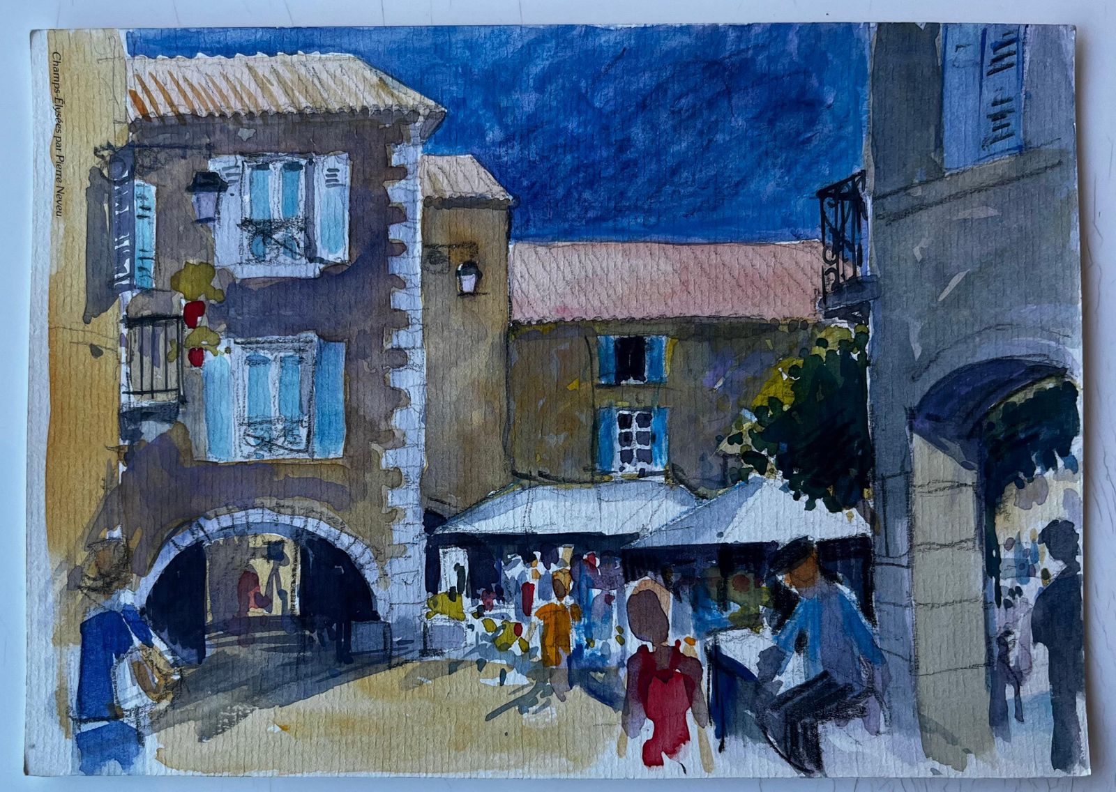 Pierre Neveufrench Village Square With Blue Shutters Mid Century Watercolour By Pierre Neveu photo furniture