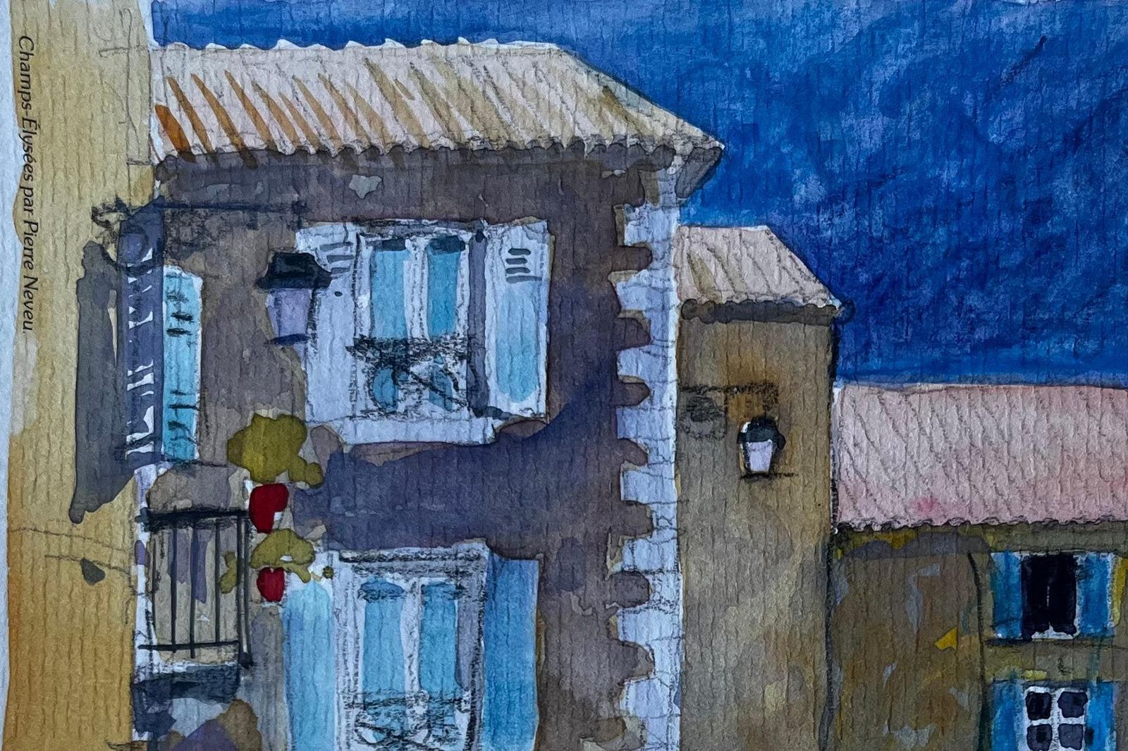 Pierre Neveufrench Village Square With Blue Shutters Mid Century Watercolour By Pierre Neveu photo for sale