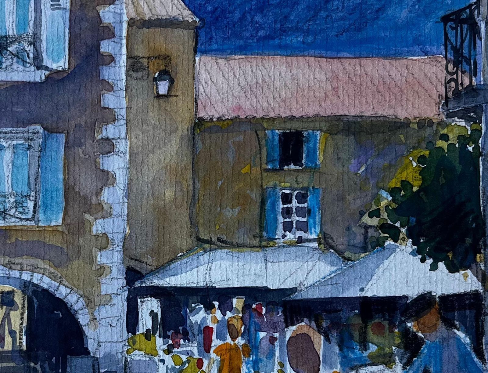 Pierre Neveufrench Village Square With Blue Shutters Mid Century Watercolour By Pierre Neveu photo buy