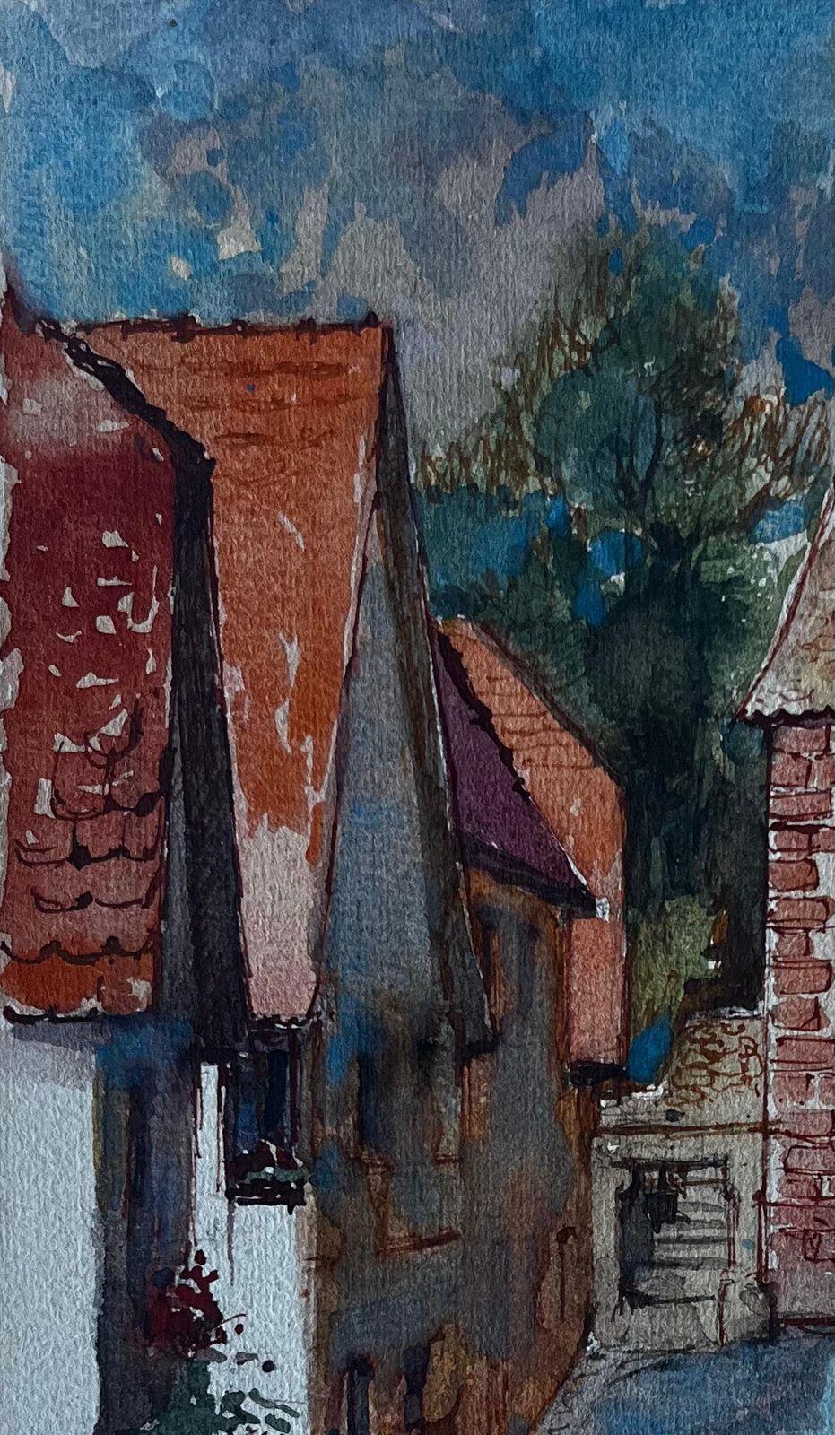 Pierre Neveufrench Village Gate Scene With Figures Mid Century Watercolour By Pierre Neveu photo for sale