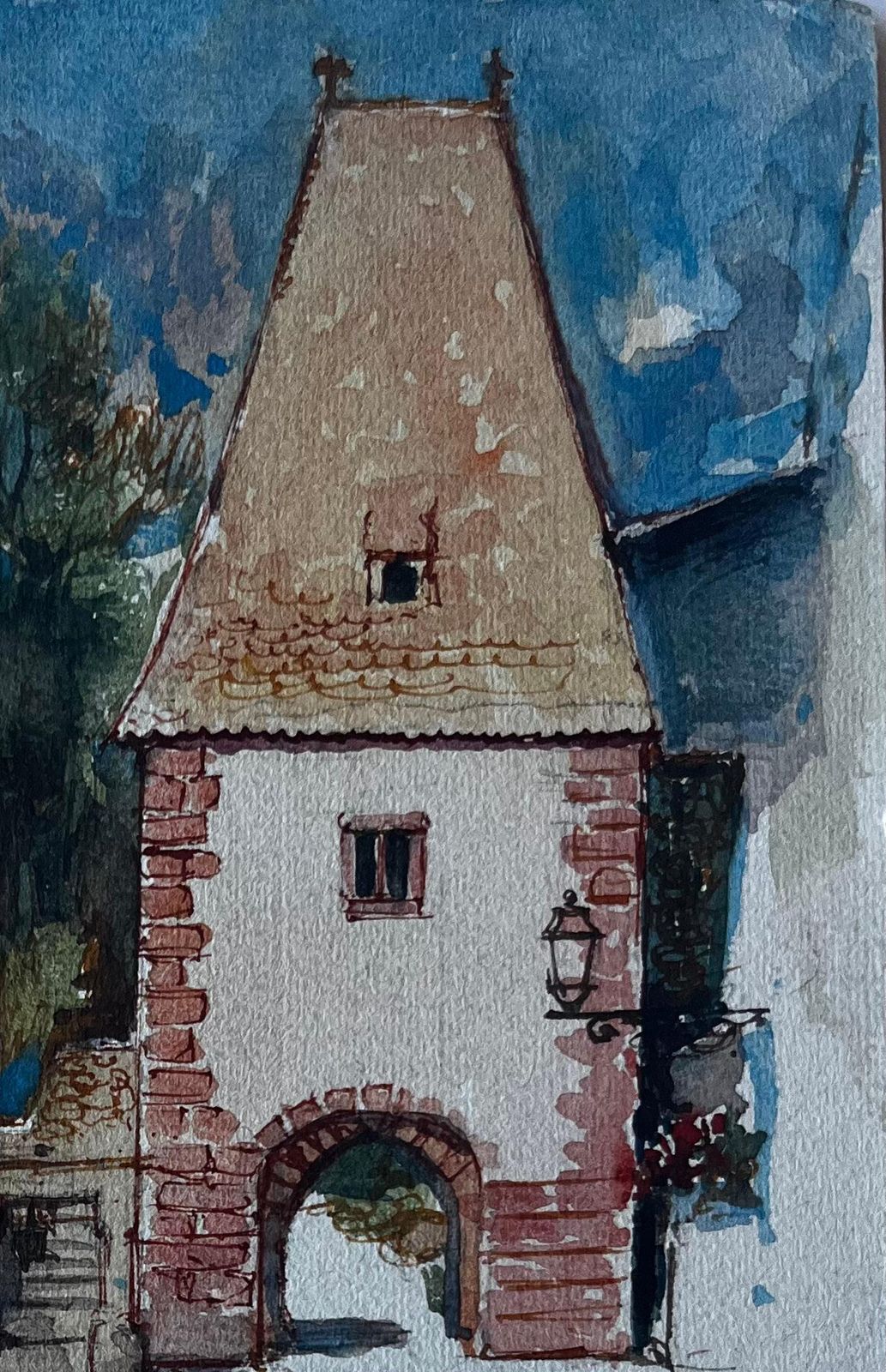 Pierre Neveufrench Village Gate Scene With Figures Mid Century Watercolour By Pierre Neveu photo Art