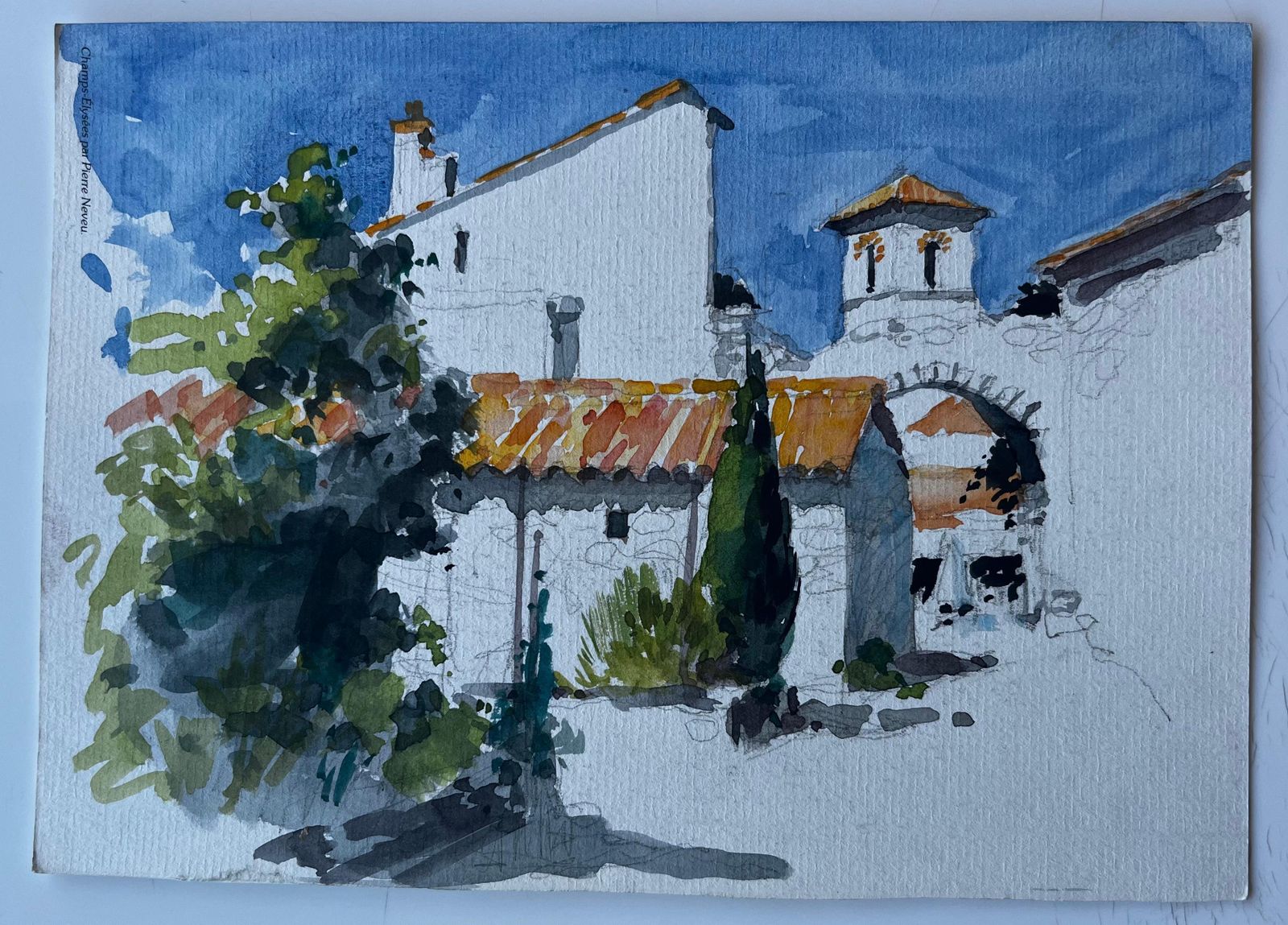 Pierre Neveusunlit Village Houses With Terracotta Roofs French Modernist Watercolour photo furniture