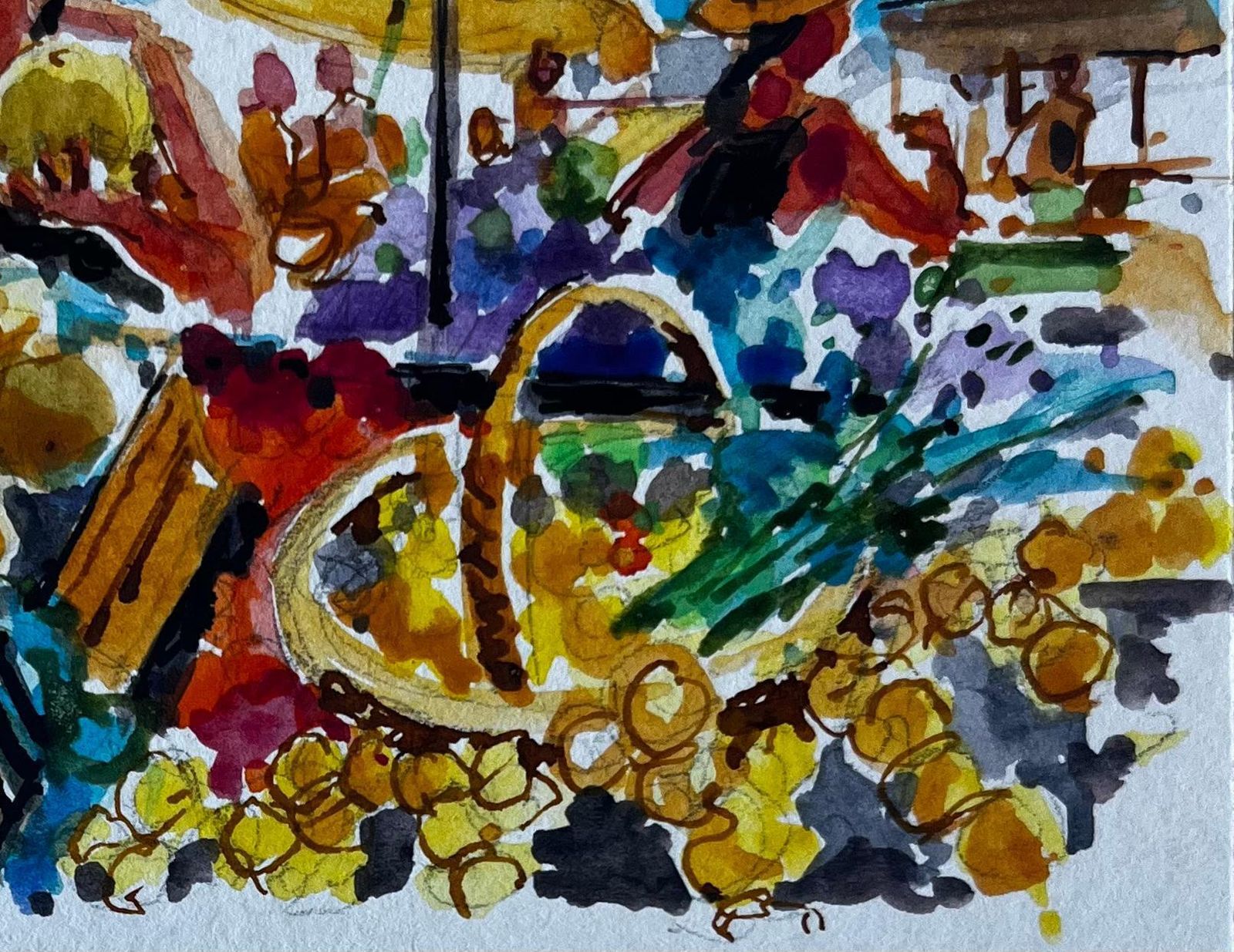 Pierre Neveufrench Market Scene With Fruit Stall Modernist Felt Pen And Gouache Drawing photo 570.0