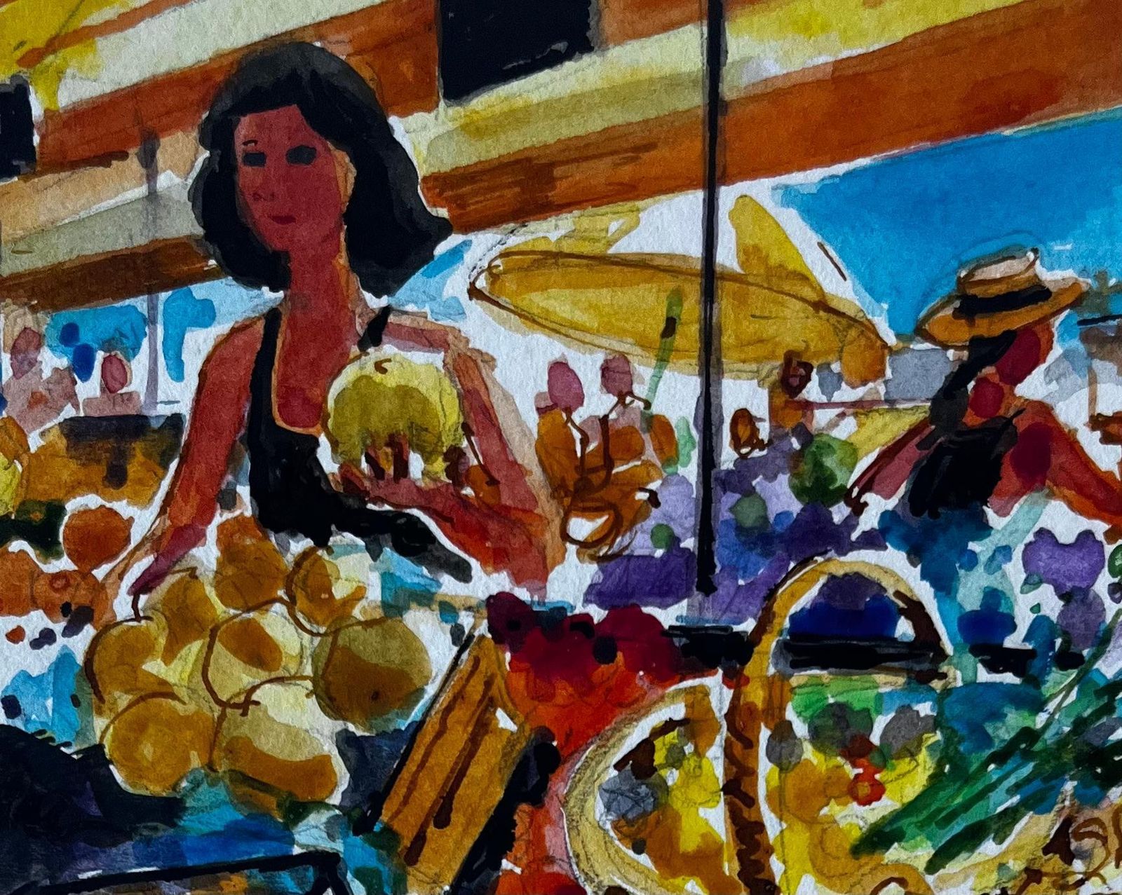 Pierre Neveufrench Market Scene With Fruit Stall Modernist Felt Pen And Gouache Drawing photo buy
