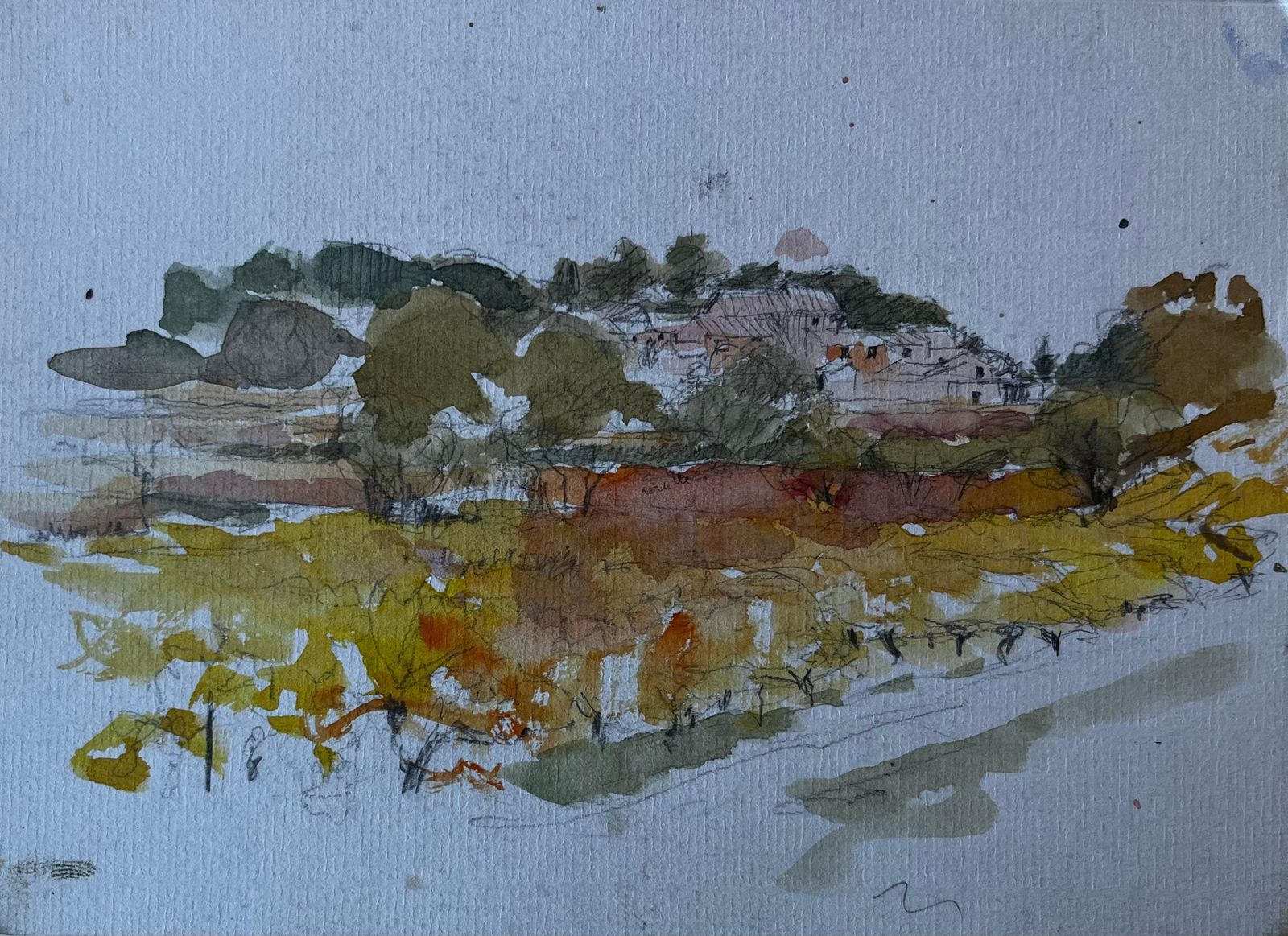 Pierre Neveufrench Countryside Landscape Mid Century Watercolour By Pierre Neveu