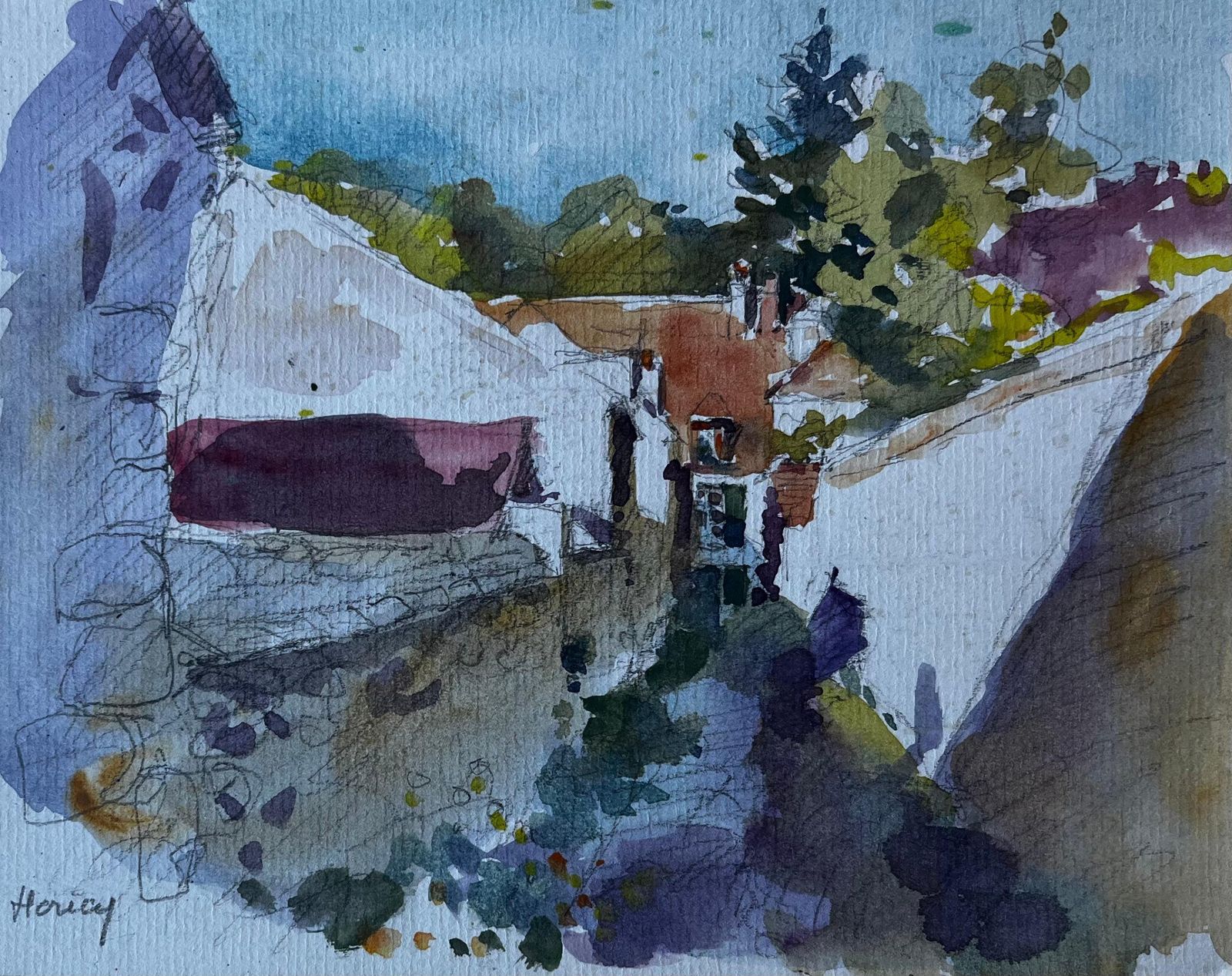Pierre Neveufrench Village Street Scene Possibly Normandy Mid Century Watercolour