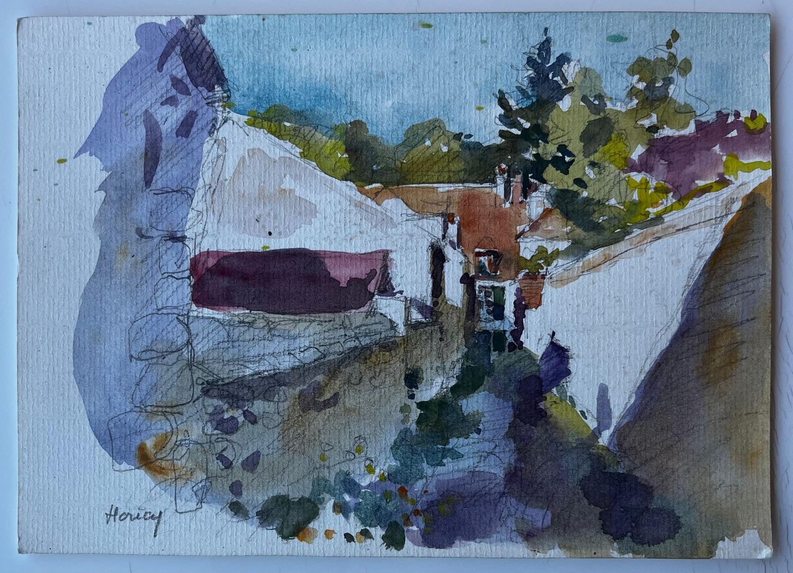 Pierre Neveufrench Village Street Scene Possibly Normandy Mid Century Watercolour photo furniture