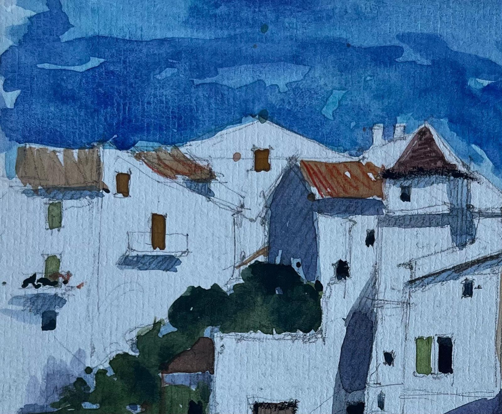 Pierre Neveufrench Hilltop Village Street Scene Mid Century Watercolour Painting photo for sale
