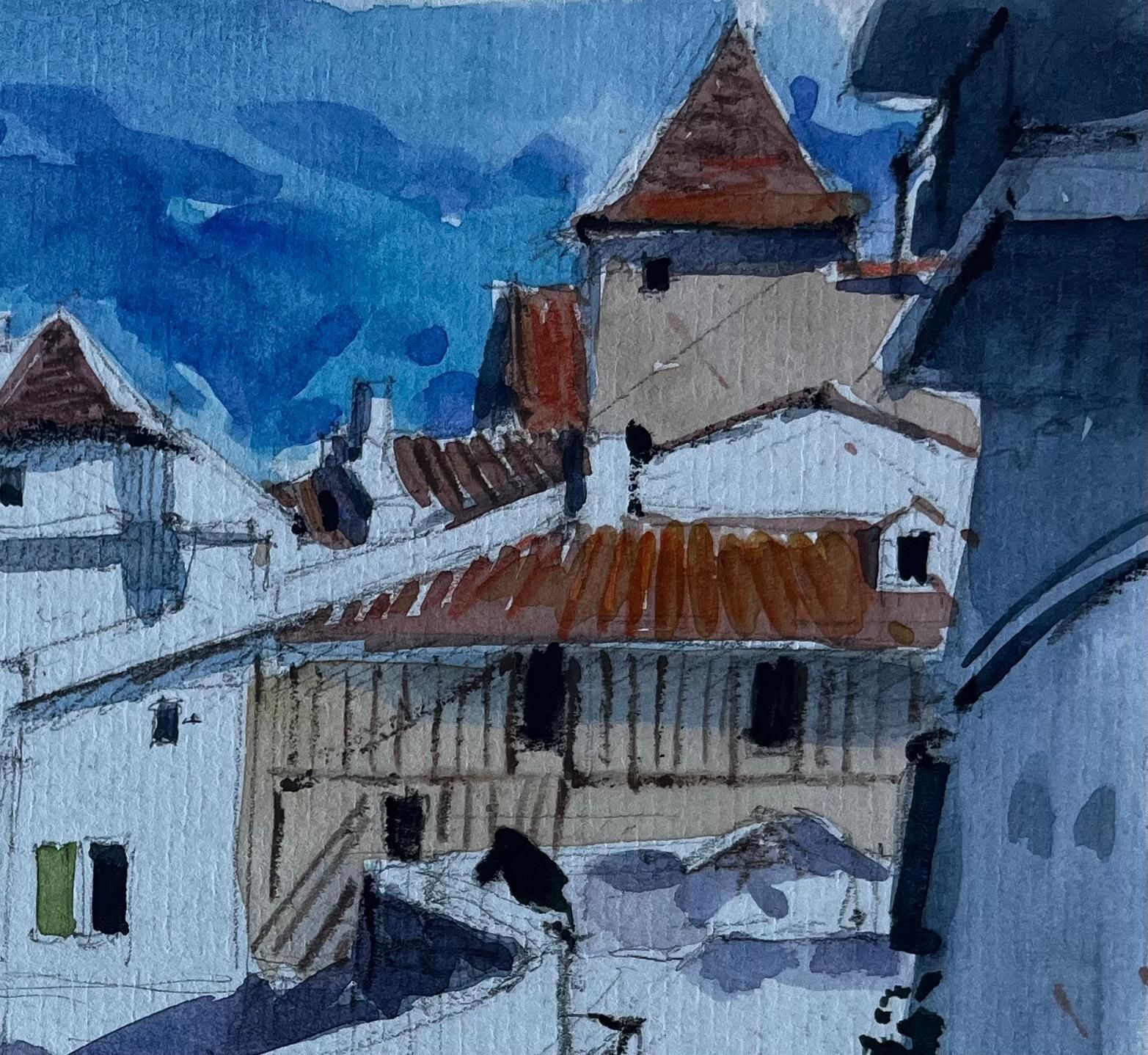 Pierre Neveufrench Hilltop Village Street Scene Mid Century Watercolour Painting photo Art
