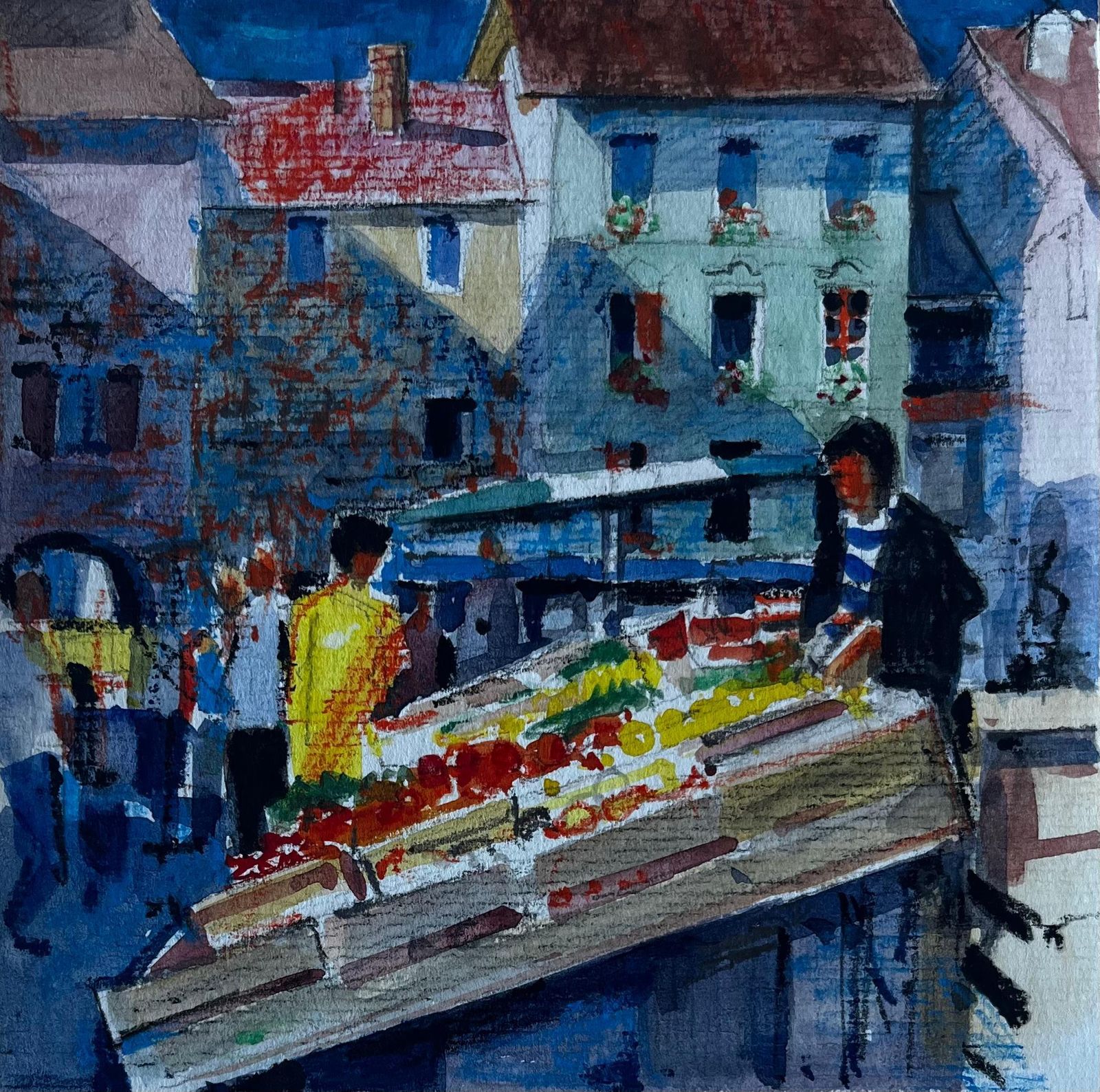 Pierre Neveufrench Market Scene With Fruit Stalls Mid Century Watercolour By Pierre Neveu
