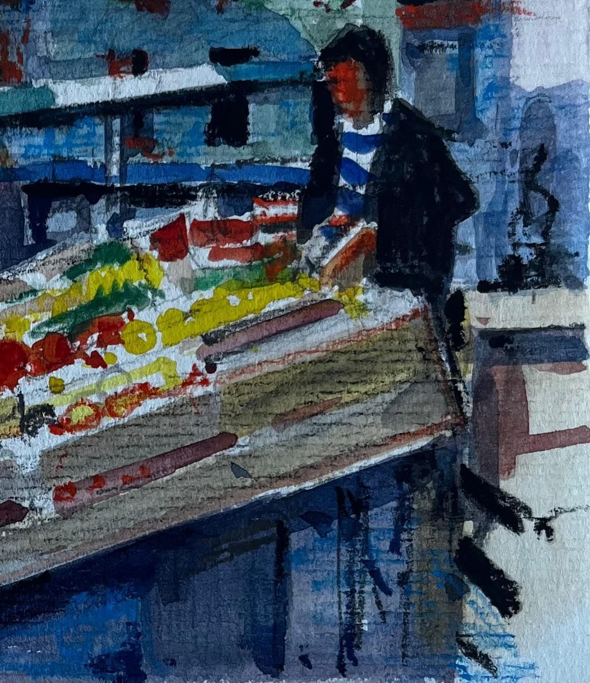 Pierre Neveufrench Market Scene With Fruit Stalls Mid Century Watercolour By Pierre Neveu photo for sale