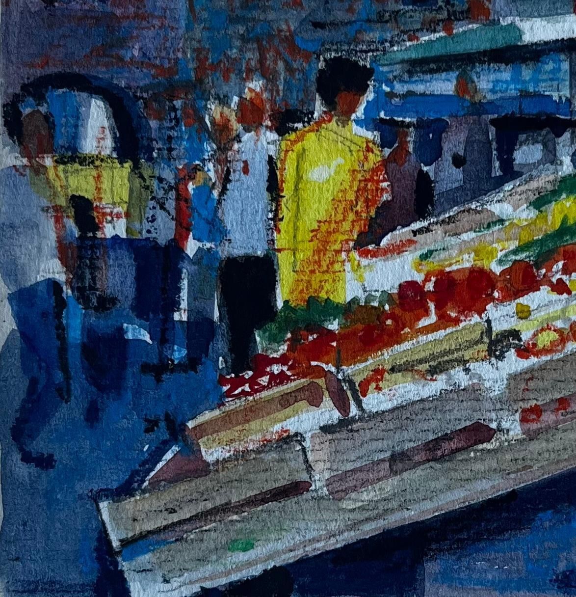 Pierre Neveufrench Market Scene With Fruit Stalls Mid Century Watercolour By Pierre Neveu photo Art