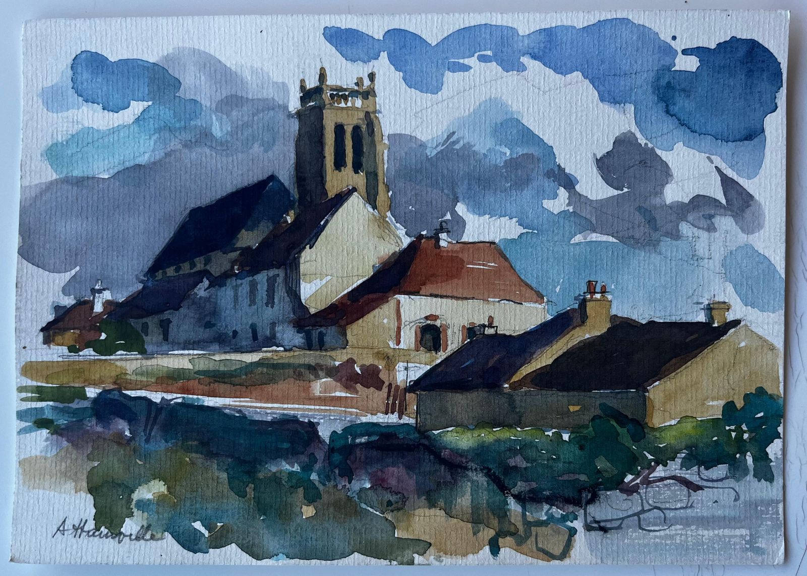 Pierre Neveuchurch At Hauteville French Village Watercolour By Pierre Neveu photo furniture