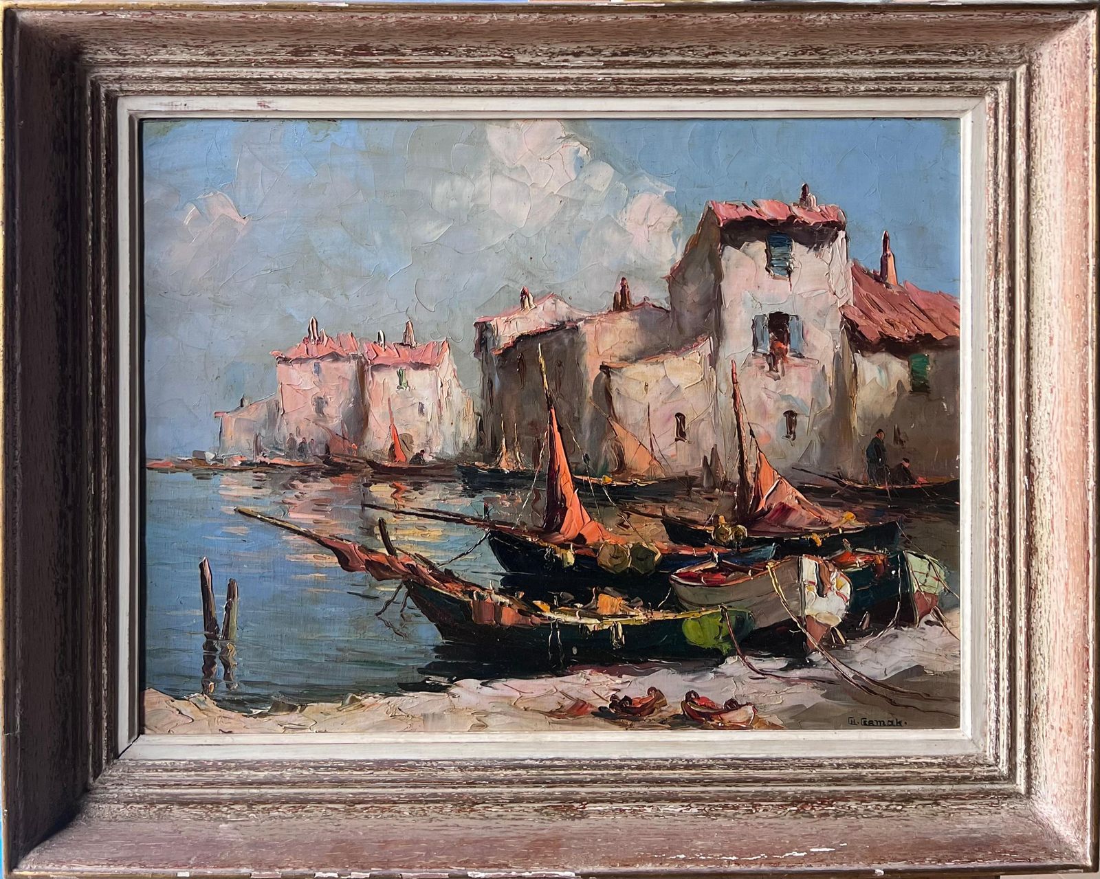 Antique Frenchvintage French Signed Oil Painting Sleepy Boats In Mediterranean Fishing Harbor
