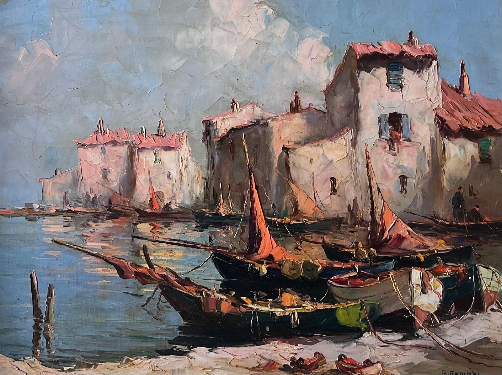 Antique Frenchvintage French Signed Oil Painting Sleepy Boats In Mediterranean Fishing Harbor photo furniture