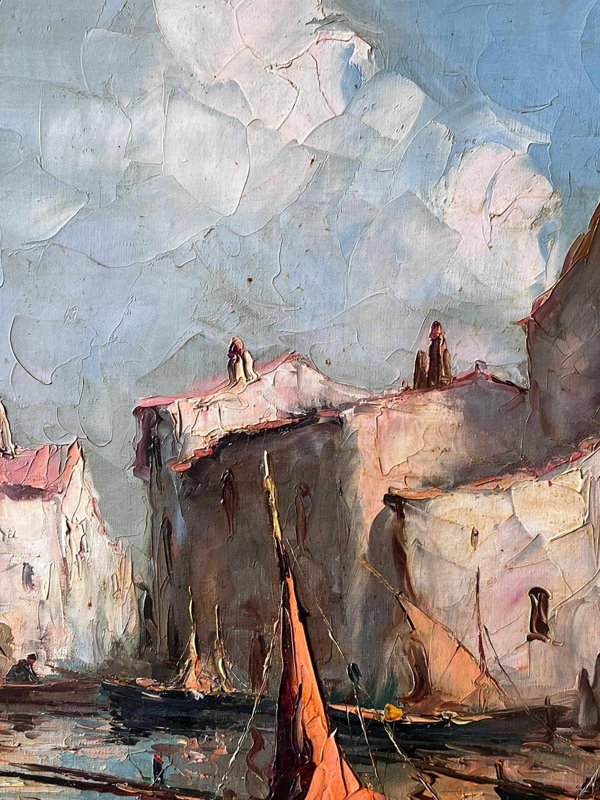 Antique Frenchvintage French Signed Oil Painting Sleepy Boats In Mediterranean Fishing Harbor photo 906.0