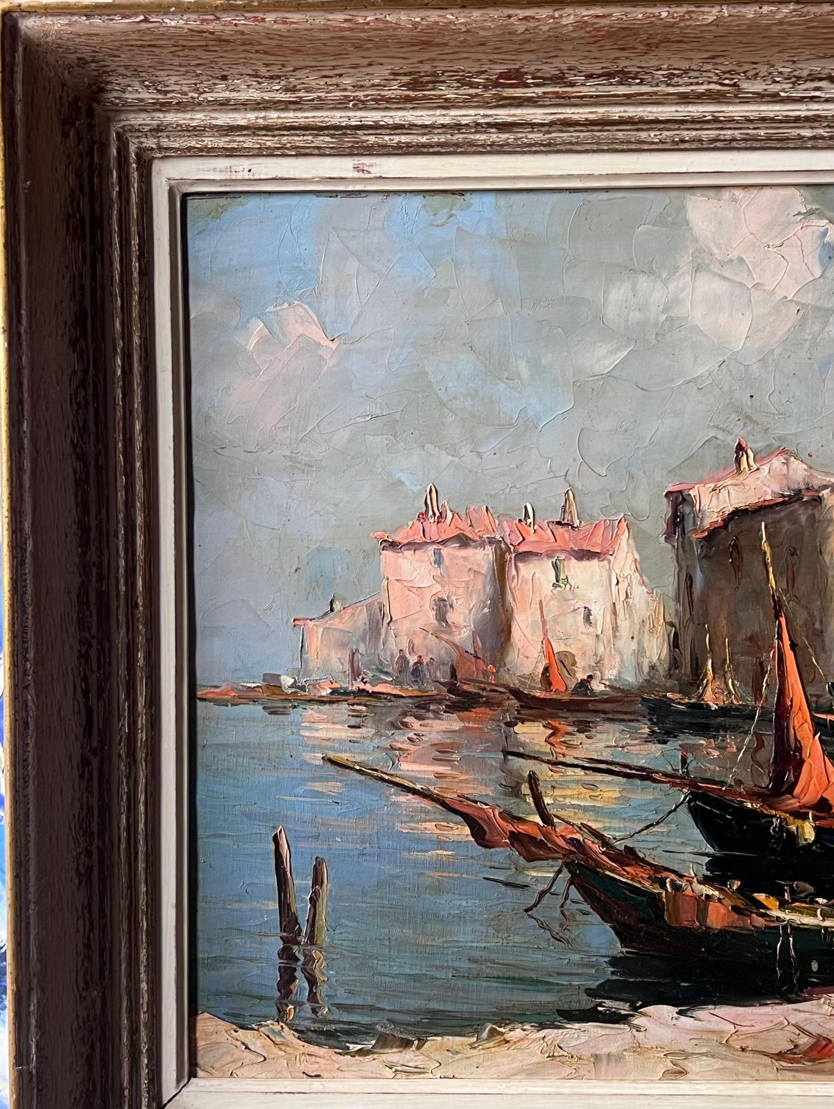 photo furniture Antique Frenchvintage French Signed Oil Painting Sleepy Boats In Mediterranean Fishing Harbor