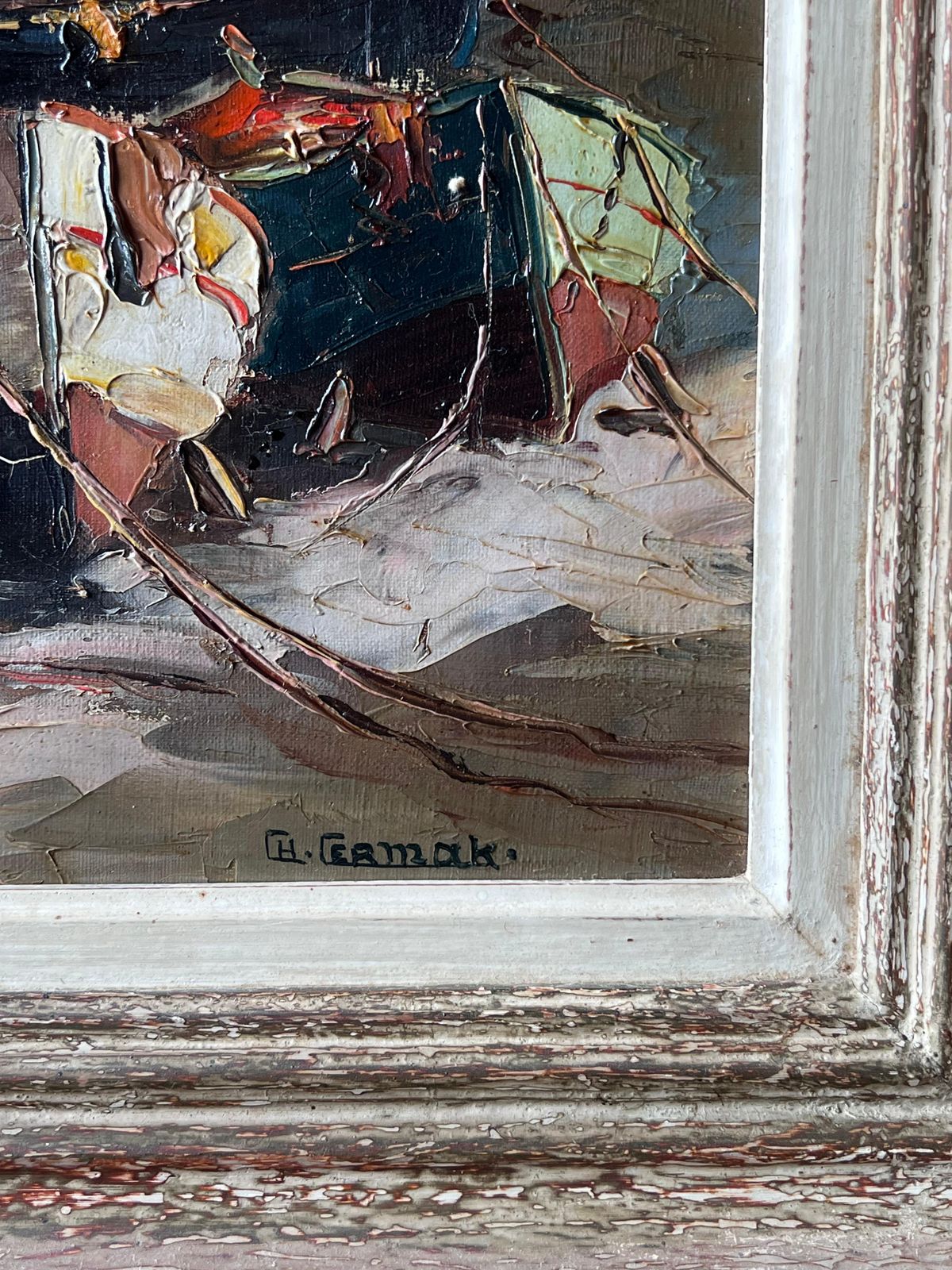 photo for sale Antique Frenchvintage French Signed Oil Painting Sleepy Boats In Mediterranean Fishing Harbor