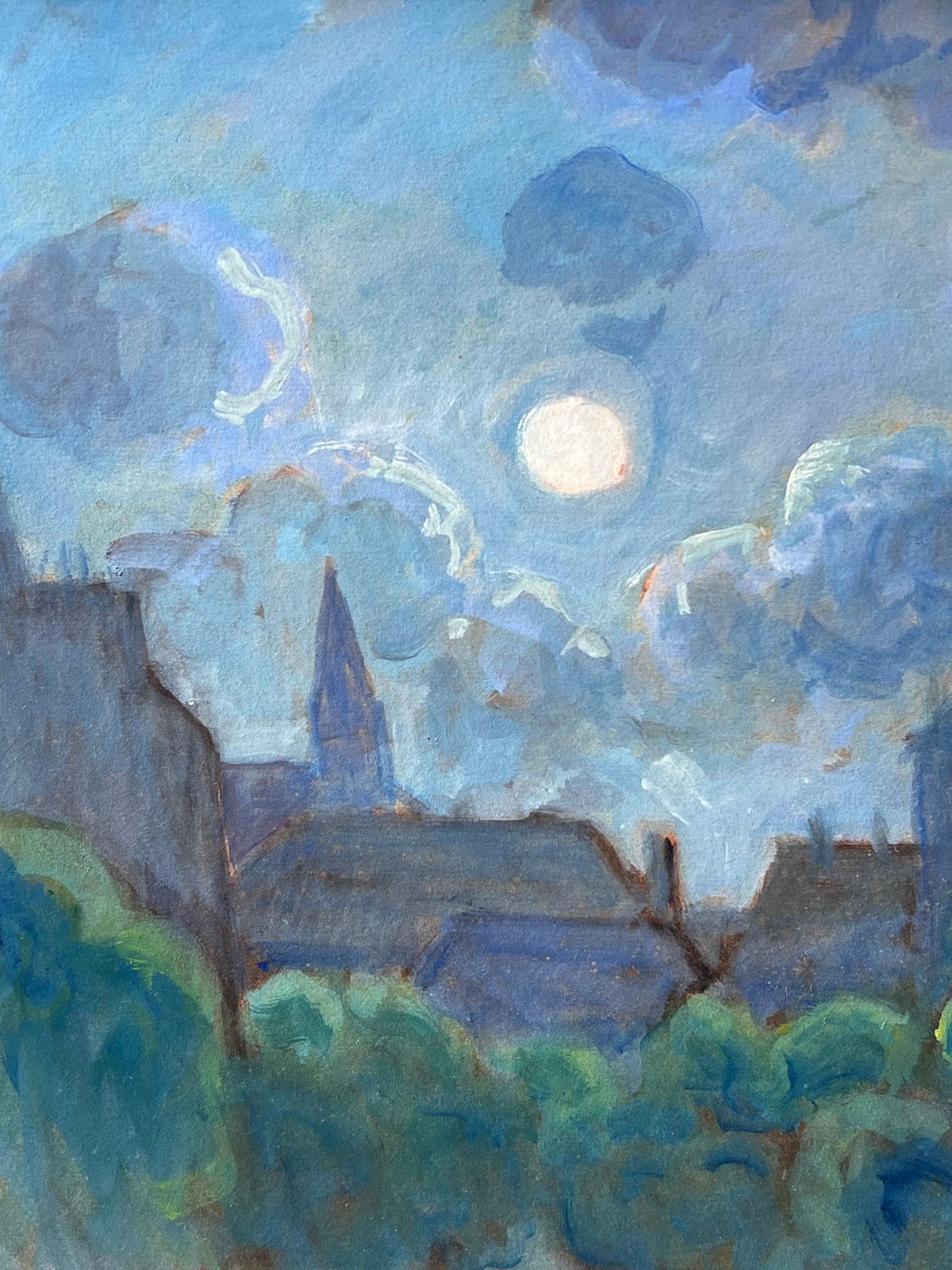 Pierre Edmond Peradon20th Century French Modernist Signed Oil Painting Moonlit French Town Rooftops photo vinterior