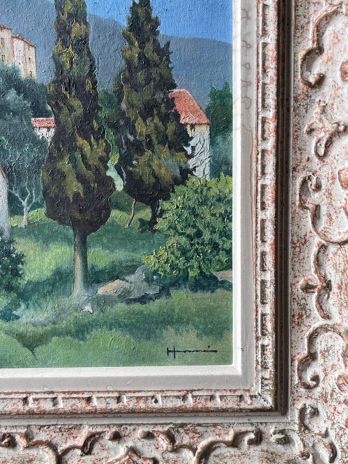 Louis Honore1950's French Provencal Hill Top Perched Village Figures Outside Cottage Signed1950's photo 967.0